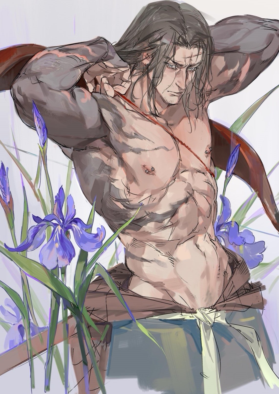 34am arms_up bow_(weapon) burn_scar flowers fromsoftware genichiro_ashina looking_at_viewer male male_only messy_hair muscular muscular_male nipple_piercing pecs scars sekiro:_shadows_die_twice solo stubble topless topless_male