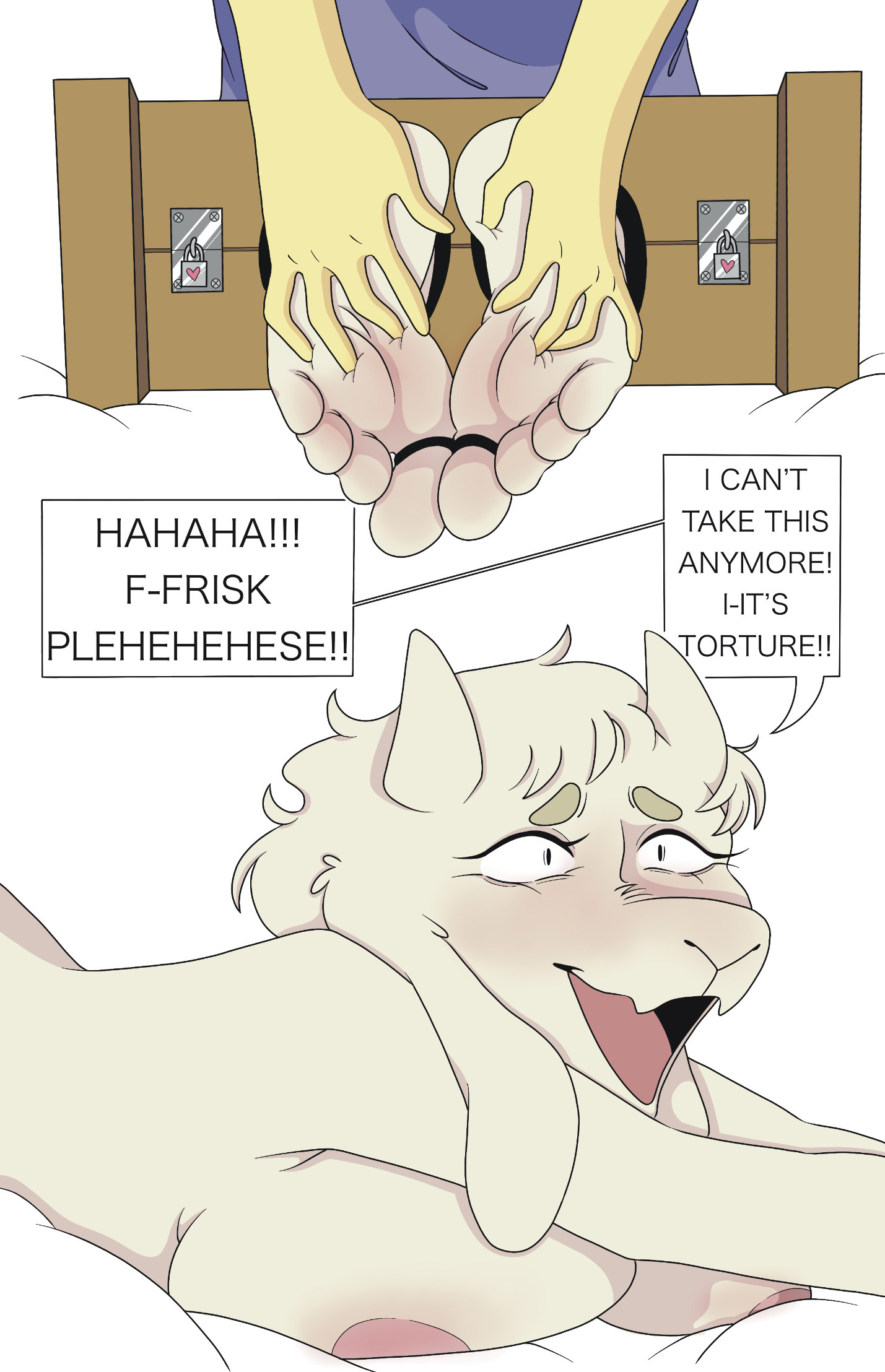 1boy, 1girls, 2d, 4 toes, anthro, bottomless, breasts, english text, feet, feet tickling, female, foot fetish, frisk, goat, goat horns, gummybears44, hidden eyes, human, male, red eyes, shackles, talking, text, tickle machine, tickle torture, tickling, toriel, undertale, undertale (series), white fur, yellow body
