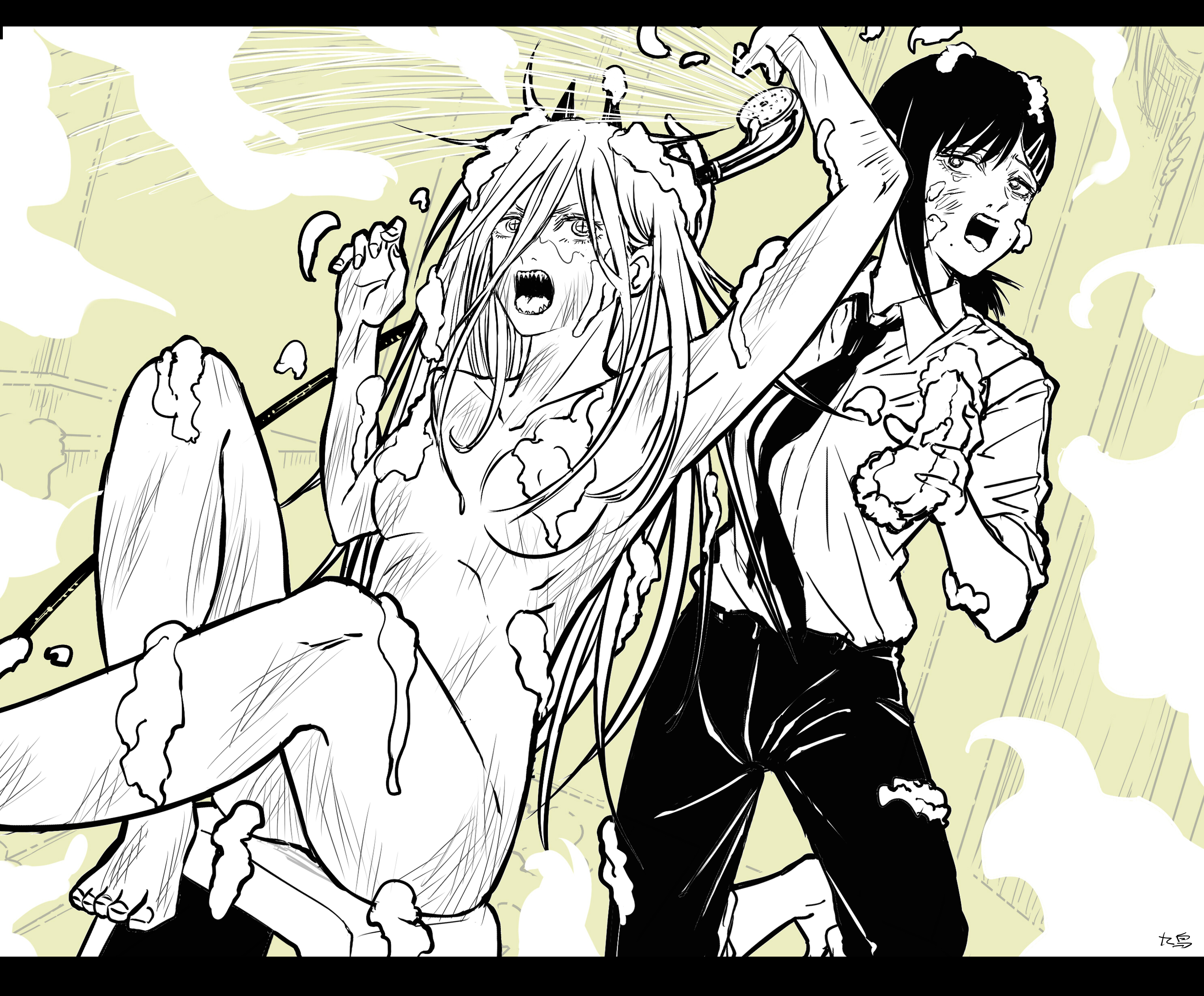 2girls, angry, artist request, barefoot, bath, bathroom, breasts, chainsaw man, cleaning, clothed female nude female, convenient censoring, cross pupils, dirty, dress shirt, female, higashiyama kobeni, horns, nude, nude female, pants, power (chainsaw man), scared, shower head, soap, sponge, stool, tagme, tie