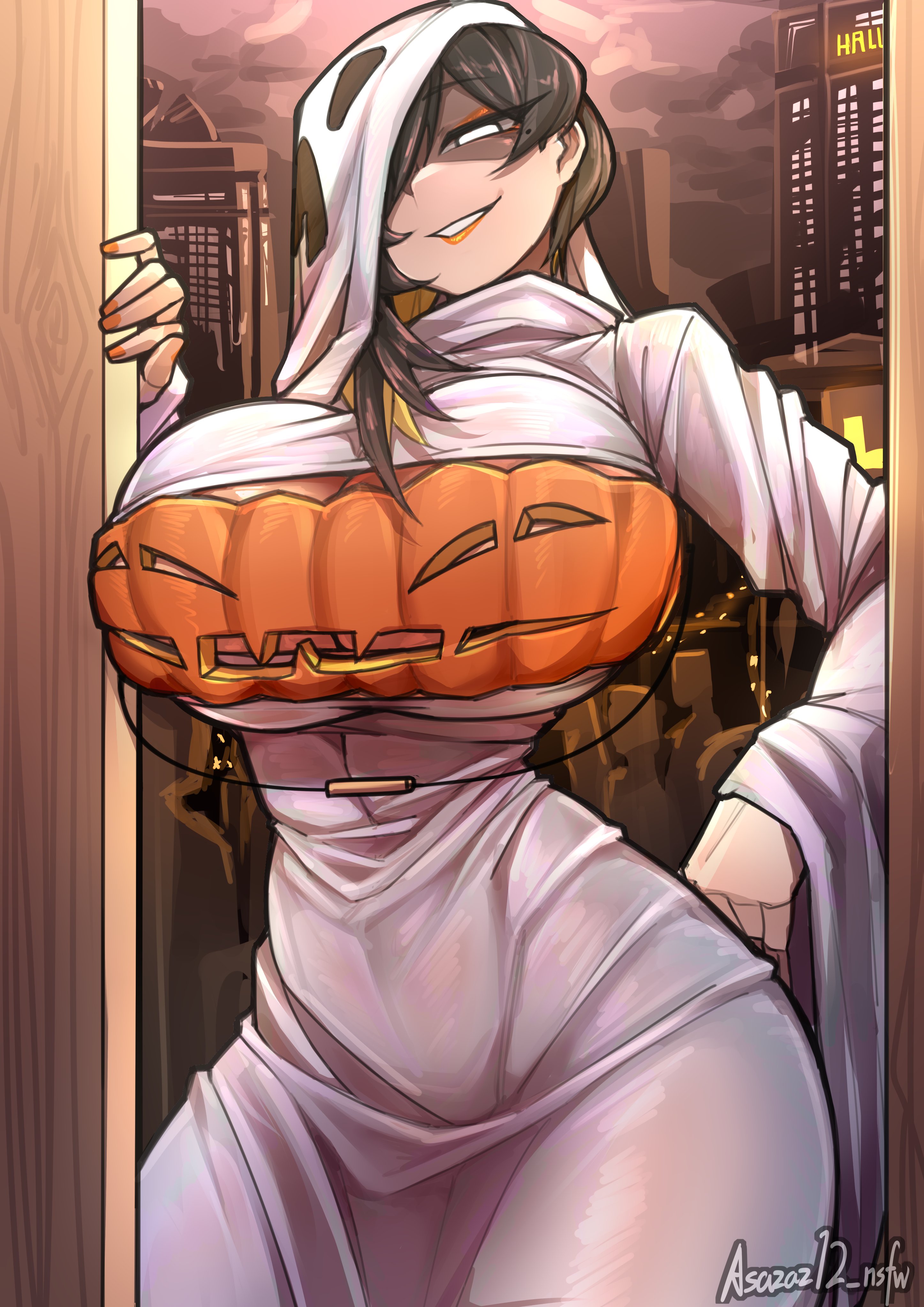 1girls, asazaz12 nsfw (artist), big breasts, binah, binah (lobotomy corporation), binah (project moon), black hair, cleavage, costume, doorway, ghost girl, giant breasts, halloween costume, library of ruina, limbus company, lobotomy corporation, looking at viewer, one eye covered, one eye obstructed, opening door, orange fingernails, orange lipstick, project moon, pumpkin, semi-transparent clothing, solo female, tagme, white clothing, white eyes