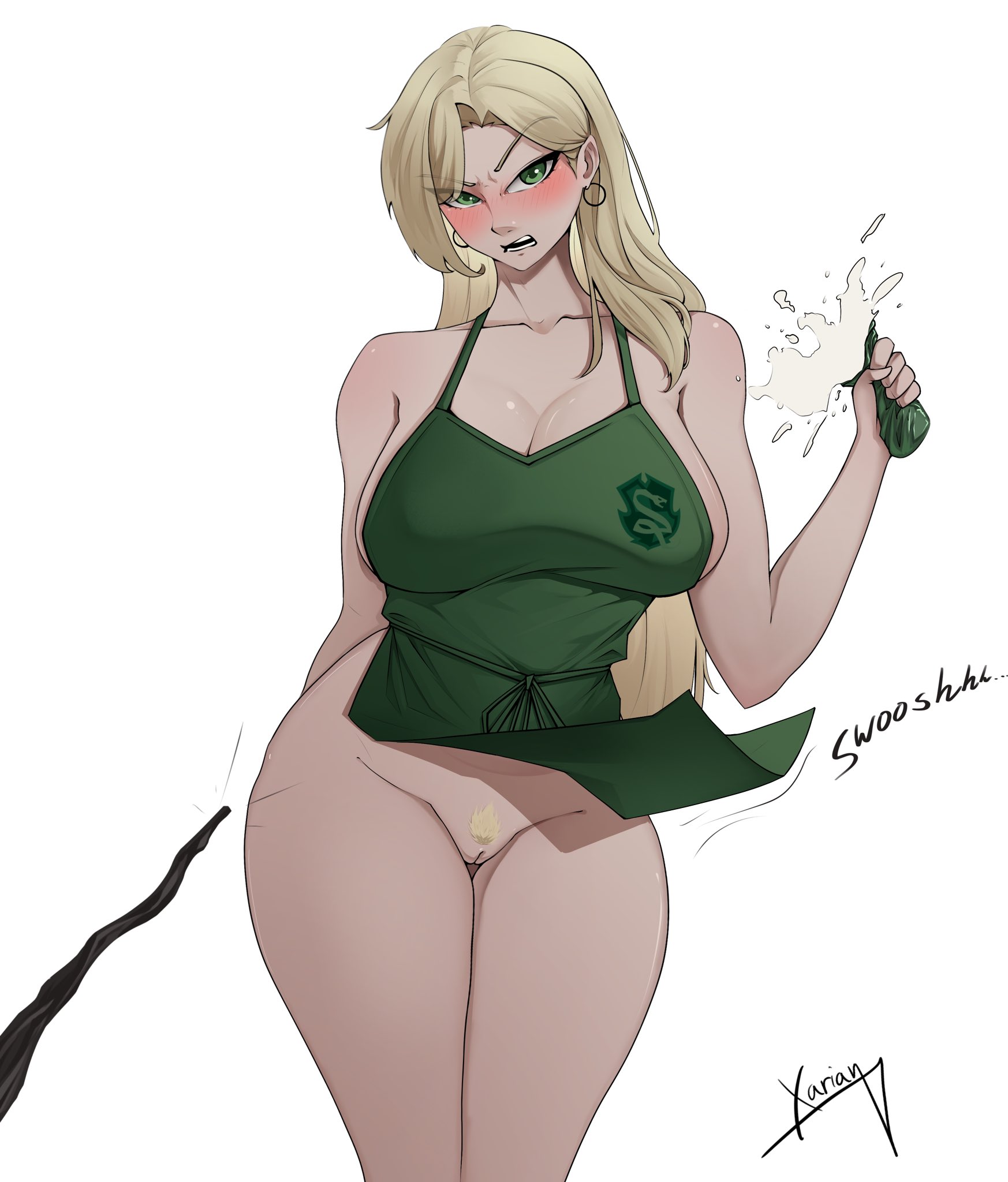 1girls, apron, apron only, breasts, draco malfoy, draco malfoy (redteneri), female, female focus, female only, genderswap, harry potter, large breasts, light skin, light-skinned female, looking at viewer, rule 63, solo, thick thighs, thighs, wide hips, xarianart