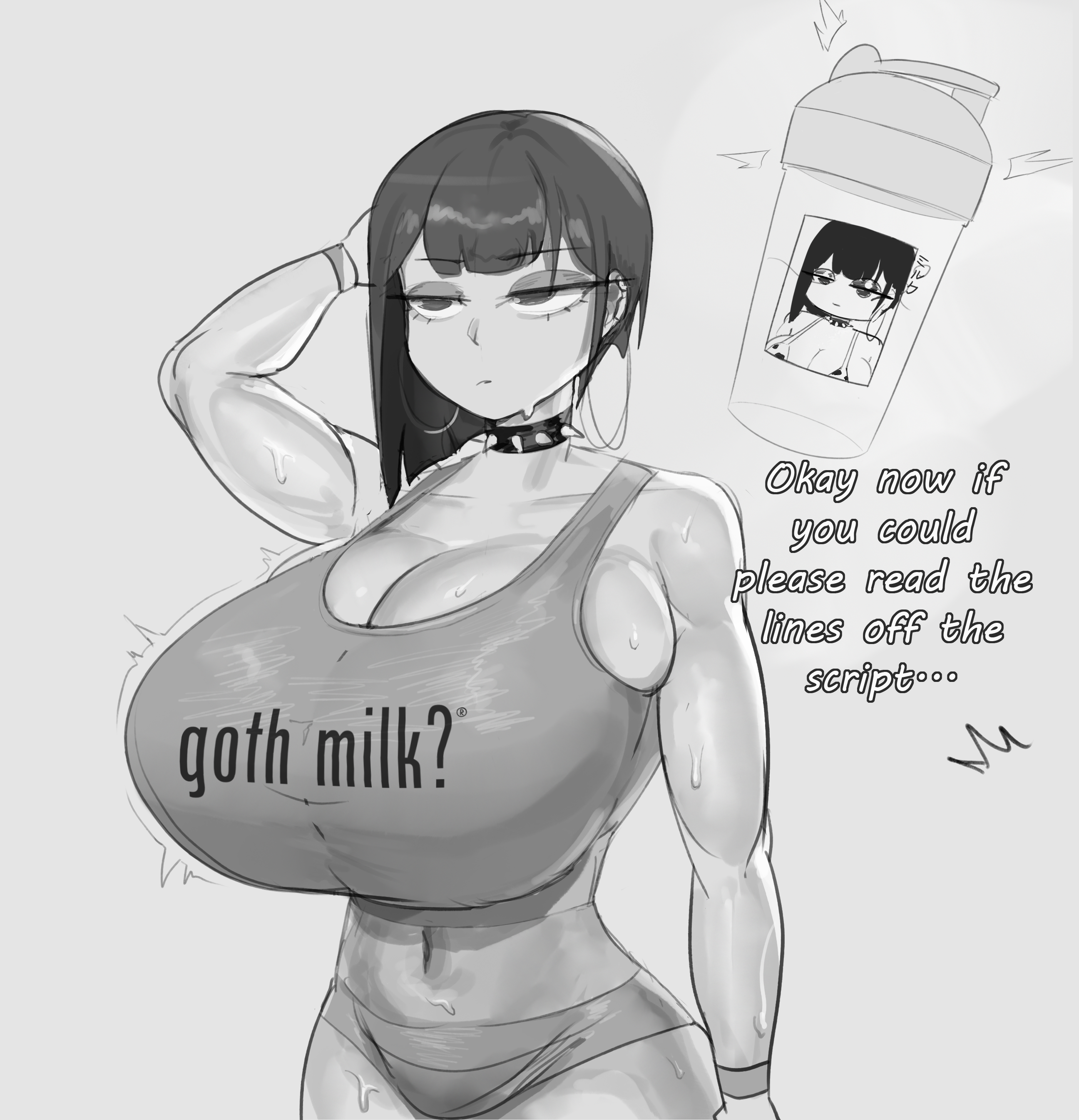 1girls, big breasts, booruguru, breasts, busty, cleavage, curvaceous, curvy, curvy body, curvy female, curvy figure, english text, female, female focus, got milk, goth, goth (booruguru), goth girl, huge breasts, large breasts, massive breasts, meme, original, original character, tank top, text, voluptuous