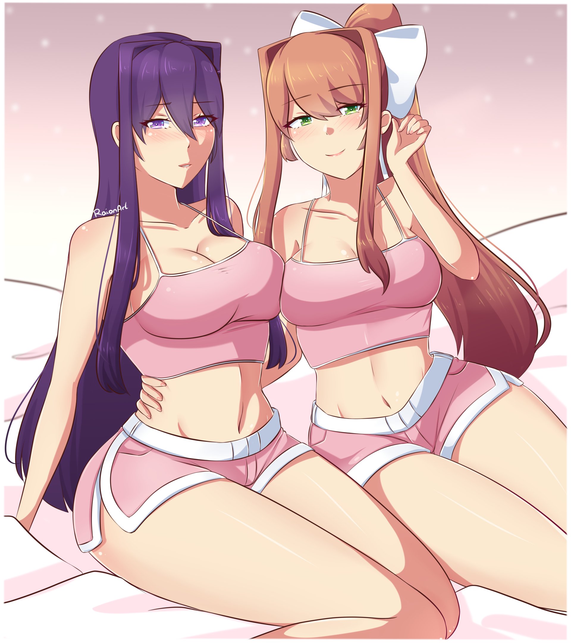 2girls, big breasts, blush, breasts, doki doki literature club, duo, emotionless, eye contact, female, female only, green eyes, long hair, looking at viewer, monika (doki doki literature club), purple eyes, purple hair, raionart, sitting, thick thighs, thighs, yuri (doki doki literature club)