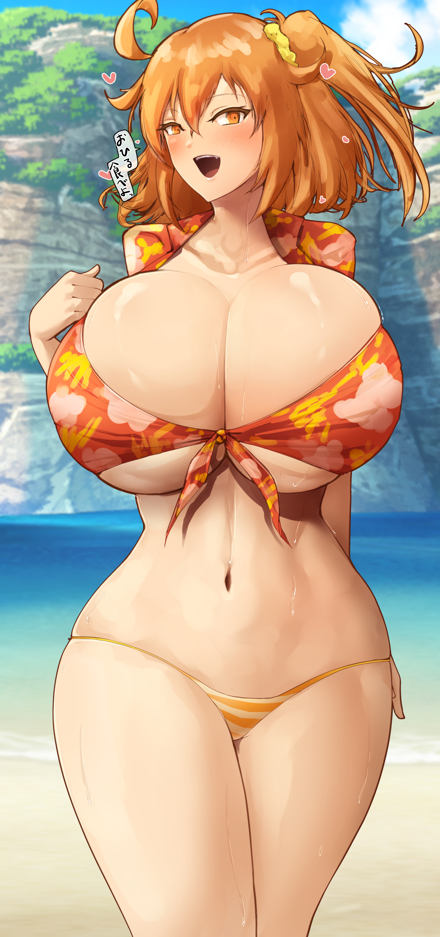 1girls, 2022, alternate breast size, beach, big breasts, breasts, cleavage, fate (series), fate/grand order, female, female only, fujimaru ritsuka (female), gigantic breasts, hawaiian shirt, highres, huge breasts, large breasts, light skin, light-skinned female, orange hair, outdoors, side ponytail, sirosoil, slim waist