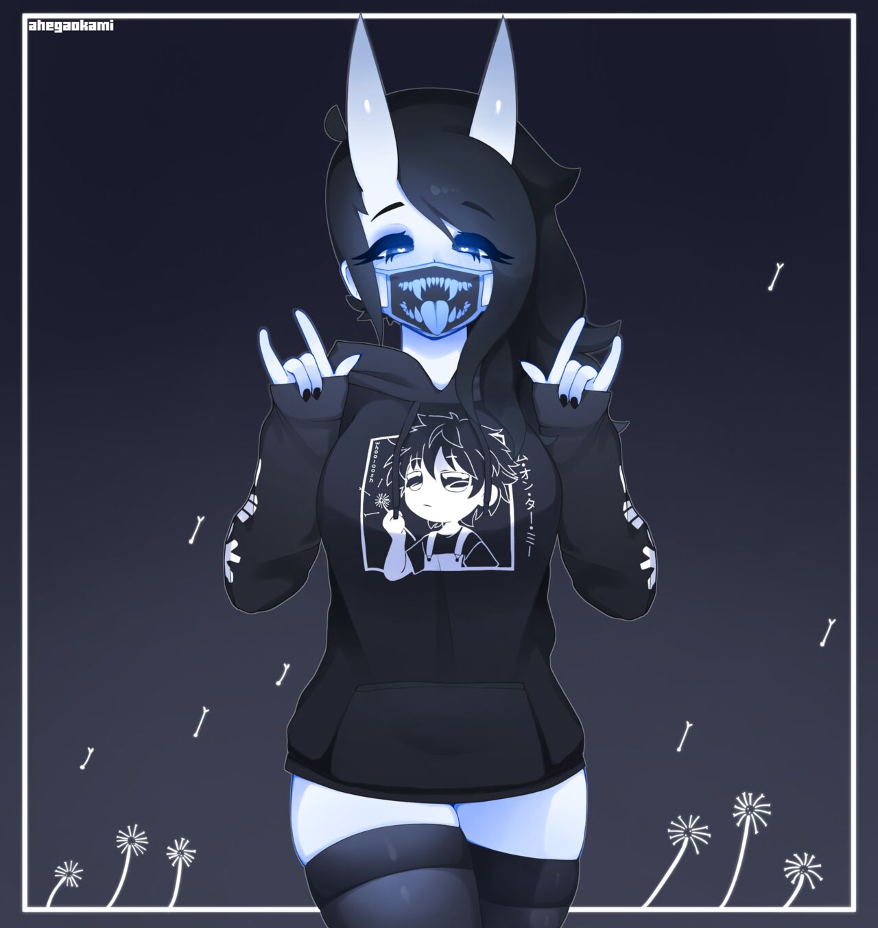 ahegaokami, black hair, black nails, breasts, demon, demon girl, female, heart-shaped pupils, hoodie, horns, long socks, looking at viewer, masked, oni, oni horns, original, spooky (ahegaokami), tagme, thighs, wholesome