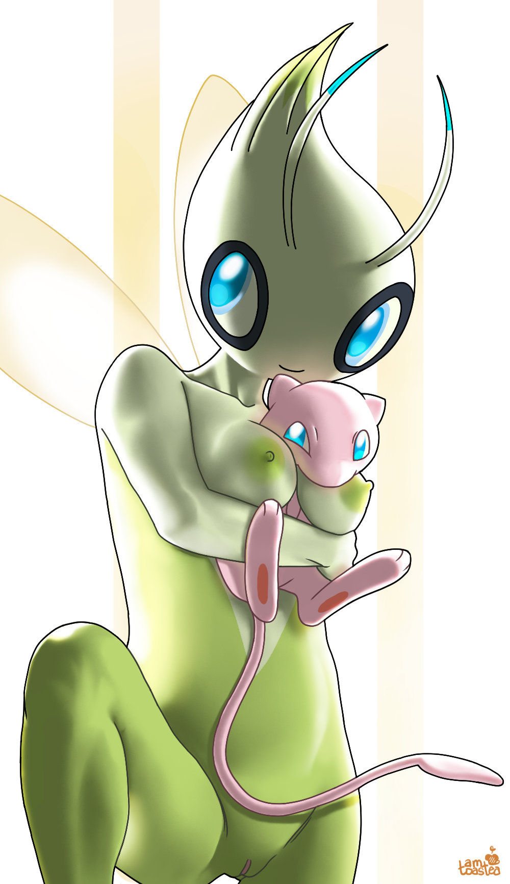 amtoastea antennae_(anatomy) anthro big_breasts big_eyes blue_eyes breasts celebi clitoral_hood clitoris cuddling embrace female genitals green_body green_skin hi_res hug humanoid legendary_pokemon legs_up light mew mew_(pokemon) nintendo nipples nude pinup pokémon_(species) pokemon pokemon_(species) pose pussy skinny slim small_waist smile smiling_at_viewer smooth_skin solo spread_legs spread_wings spreading sunlight video_games wings