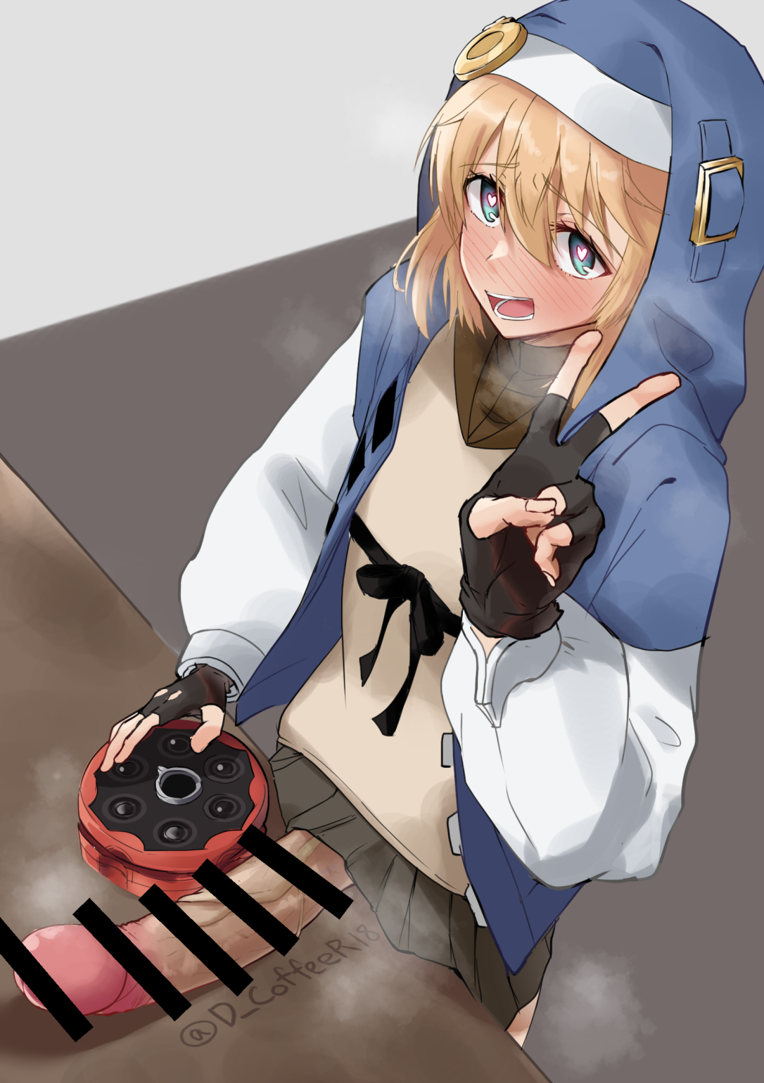 1boy, big penis, blonde hair, blue eyes, blush, bridget, censor bar, censored, d coffeer18, d-coffee, dainamaito kohi, dynamite coffee, eye contact, femboy, fingerless gloves, guilty gear, guilty gear strive, heart-shaped pupils, huge cock, hung trap, long hair, looking at viewer, male, male only, peace sign, penis, skirt, solo, solo male, veiny penis