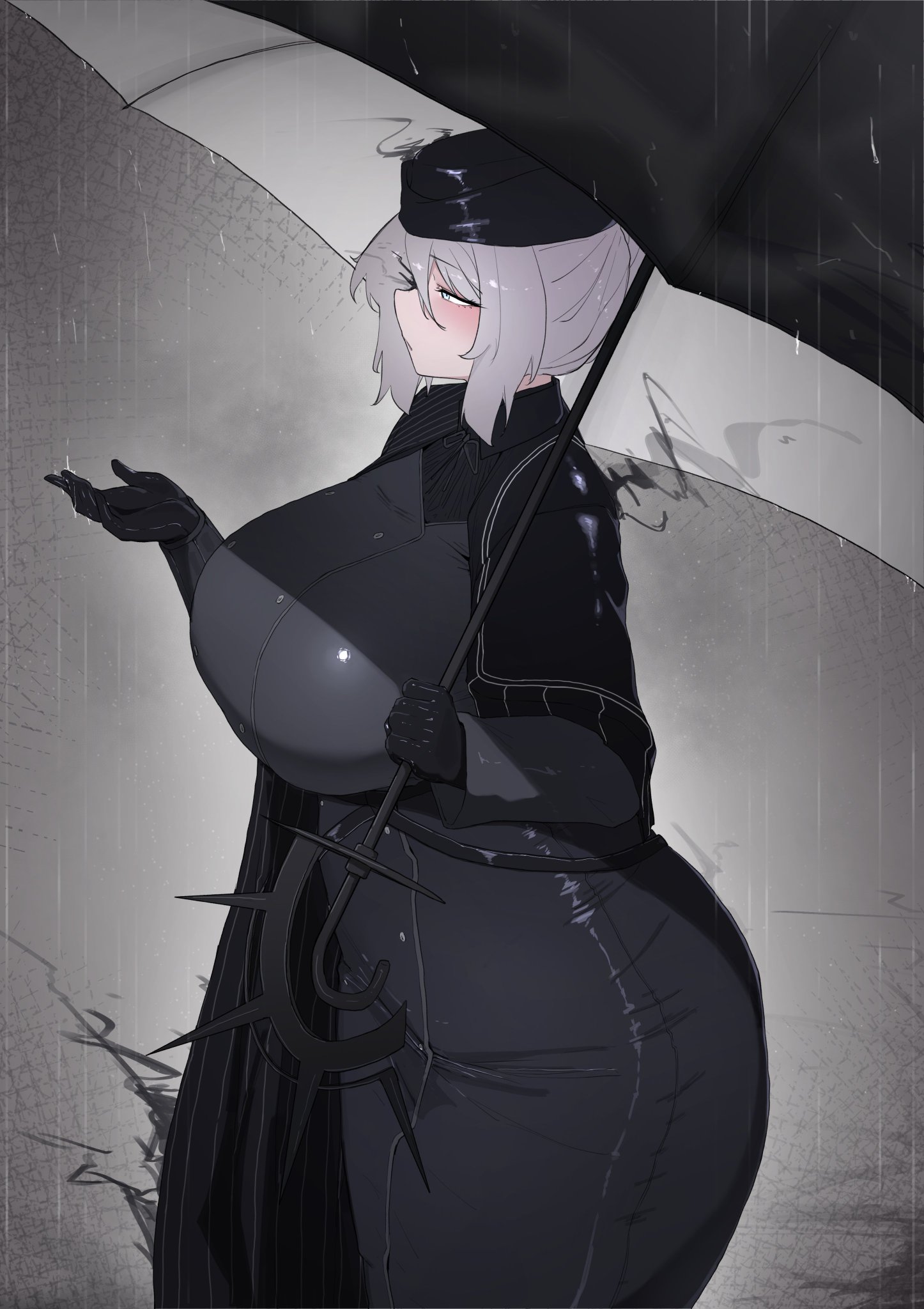 big ass, big breasts, blush, faust (limbus company), k dhen, limbus company, project moon, rain, tight clothing, umbrella rpd, wide hips
