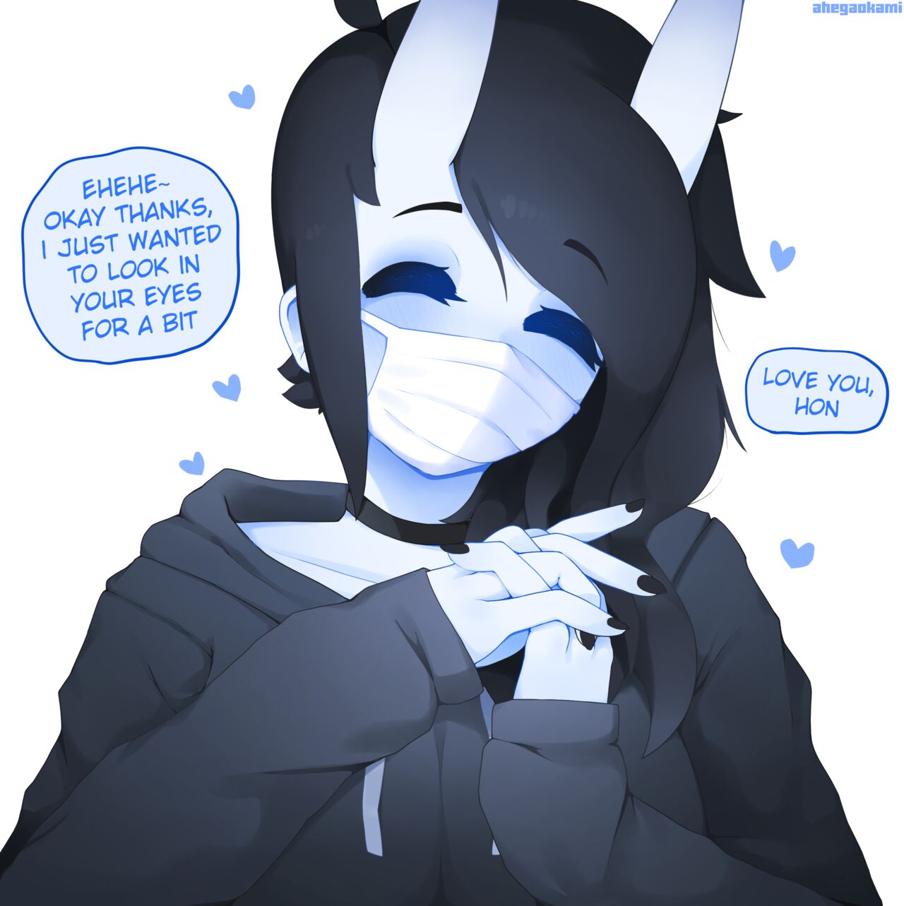 1girls, ahegaokami, black nails, blue eyes, dialogue, female, happy, heart, hoodie, i love you, looking at viewer, masked, oni, original, speech bubble, spooky (ahegaokami), stare, tagme, talking to viewer, text, wholesome