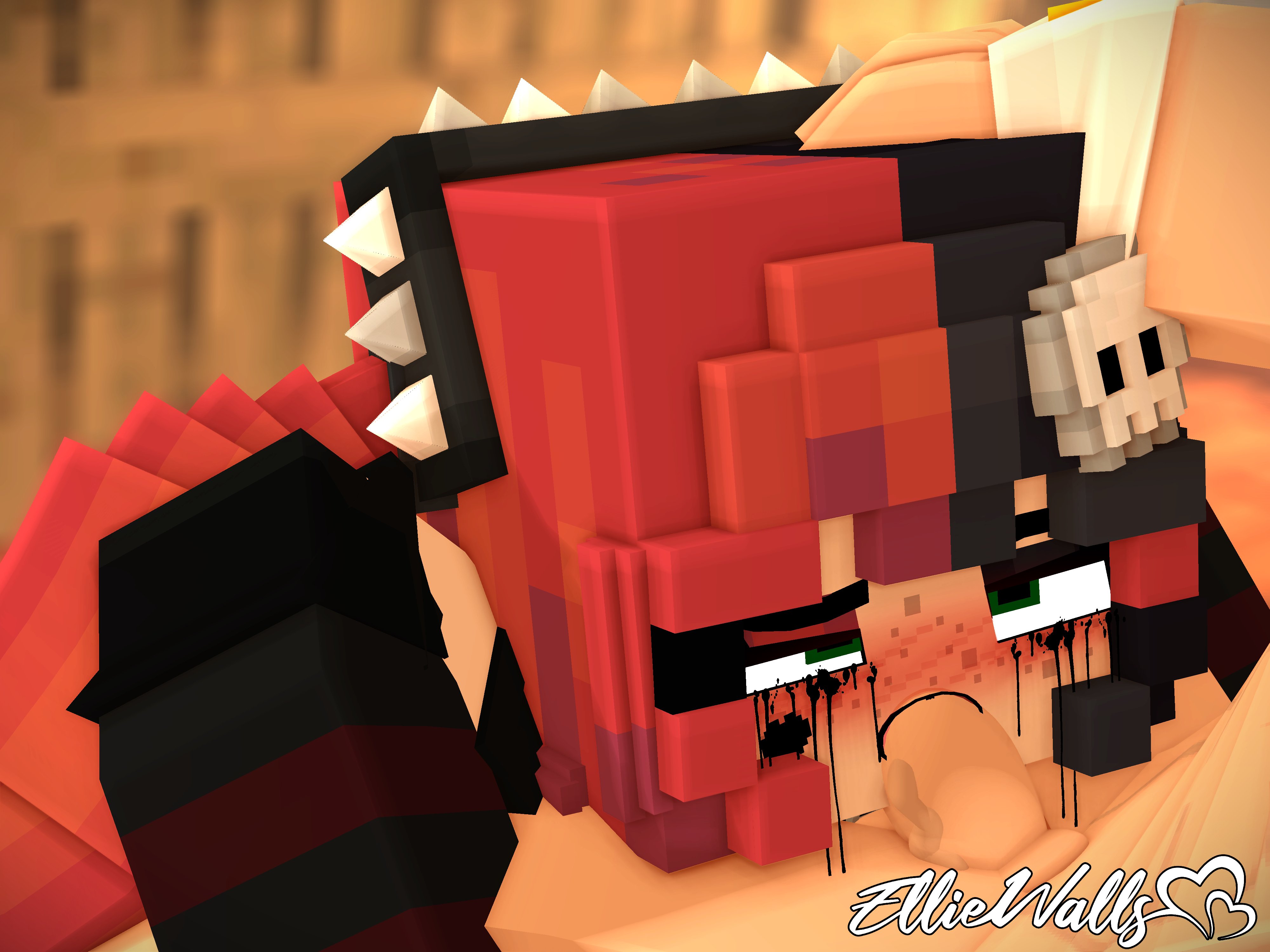 1boy, 1girls, 3d, adult, black hair, commission, deepthroat, ellie walls (odysseyellie), fellatio, female, goth girl, green eyes, holding head, looking at partner, looking at penis, male, mine-imator, minecraft, multicolored hair, nude, odysseyellie, oral, oral sex, outdoors, penis, red hair, sex, side ponytail, spiked hairband, spiked headband, straight, swallowing, two-tone hair