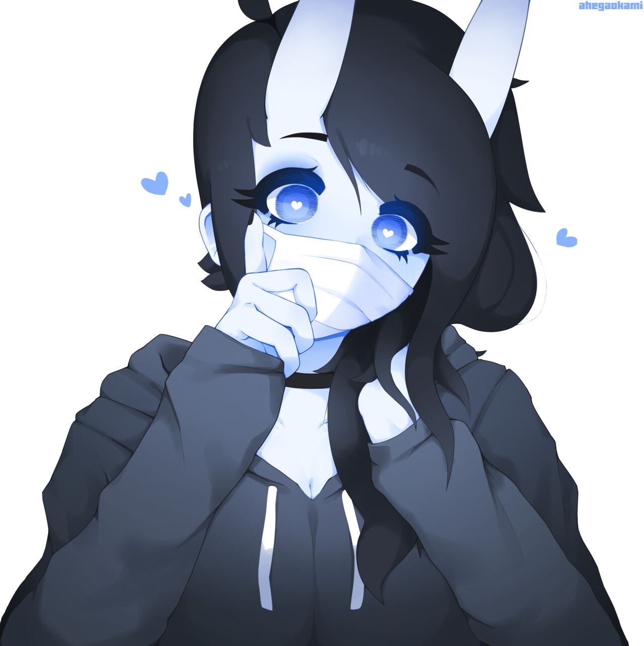 1girls, ahegaokami, black nails, blue eyes, breasts, female, heart eyes, hoodie, looking at viewer, masked, oni, original, spooky (ahegaokami), stare, tagme, wholesome
