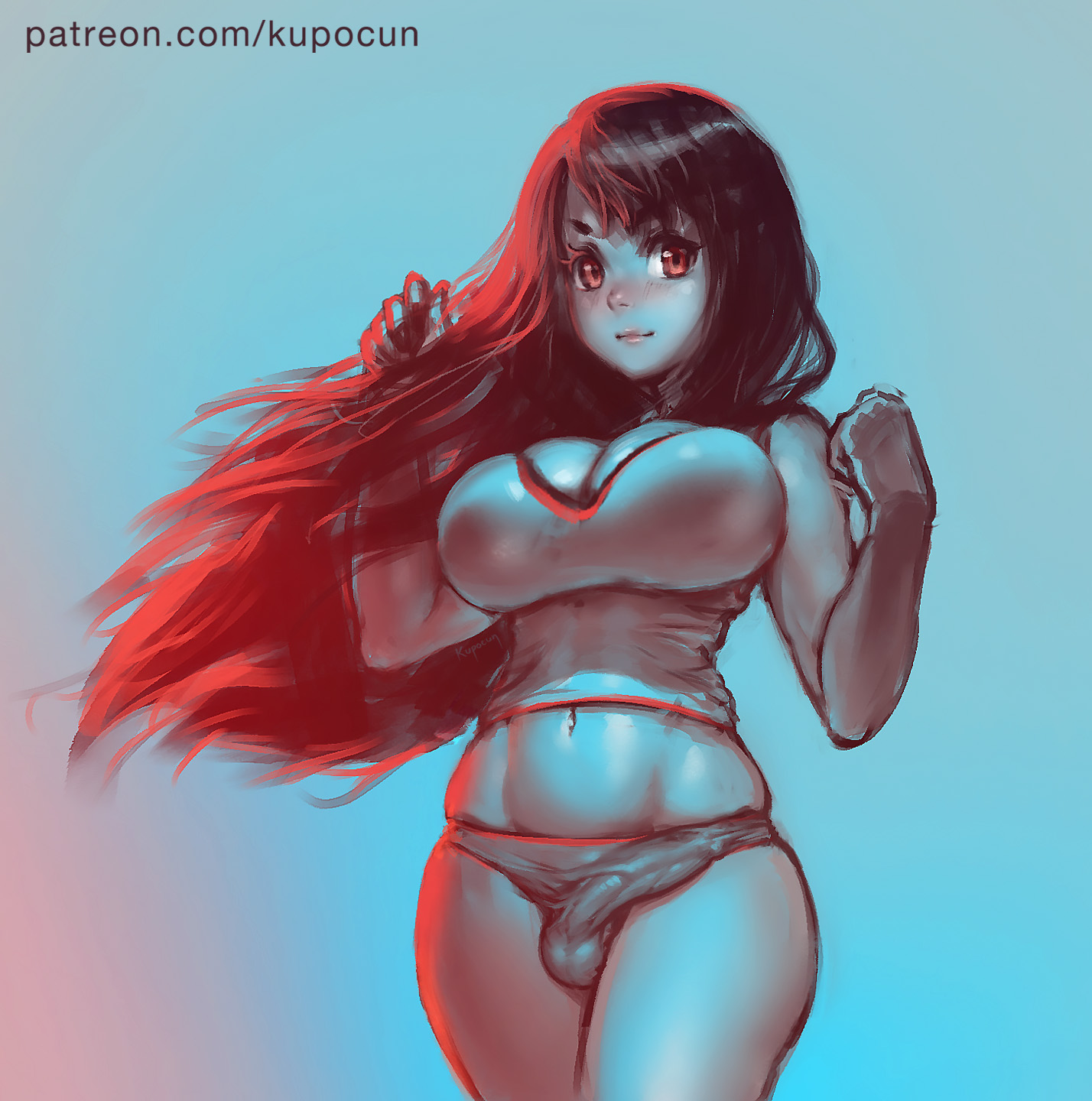 1futa, balls, big breasts, big penis, breasts, bulge, cleavage, clothed, clothing, dickgirl, erection, erection under clothes, fully clothed, futa only, futanari, human, intersex, kupocun, large breasts, looking at viewer, panties, partially clothed, penis, penis under clothes, restricted palette, skindentation, solo, solo futa, standing, wide hips