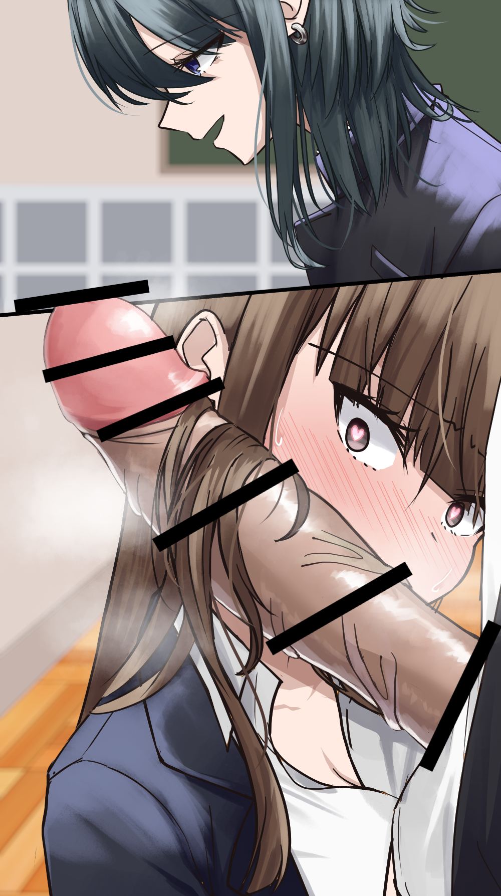 1boy, 1girls, big penis, black hair, blue eyes, blush, blush lines, brown eyes, brown hair, censor bar, censored, censored penis, d coffeer18, dainamaito kohi, ear piercing, female, femboy, femboy on female, girly, heart, heart-shaped pupils, huge cock, long hair, looking at penis, male, original, penis, penis awe, penis focus, penis on face, penis out, school uniform, surprised expression