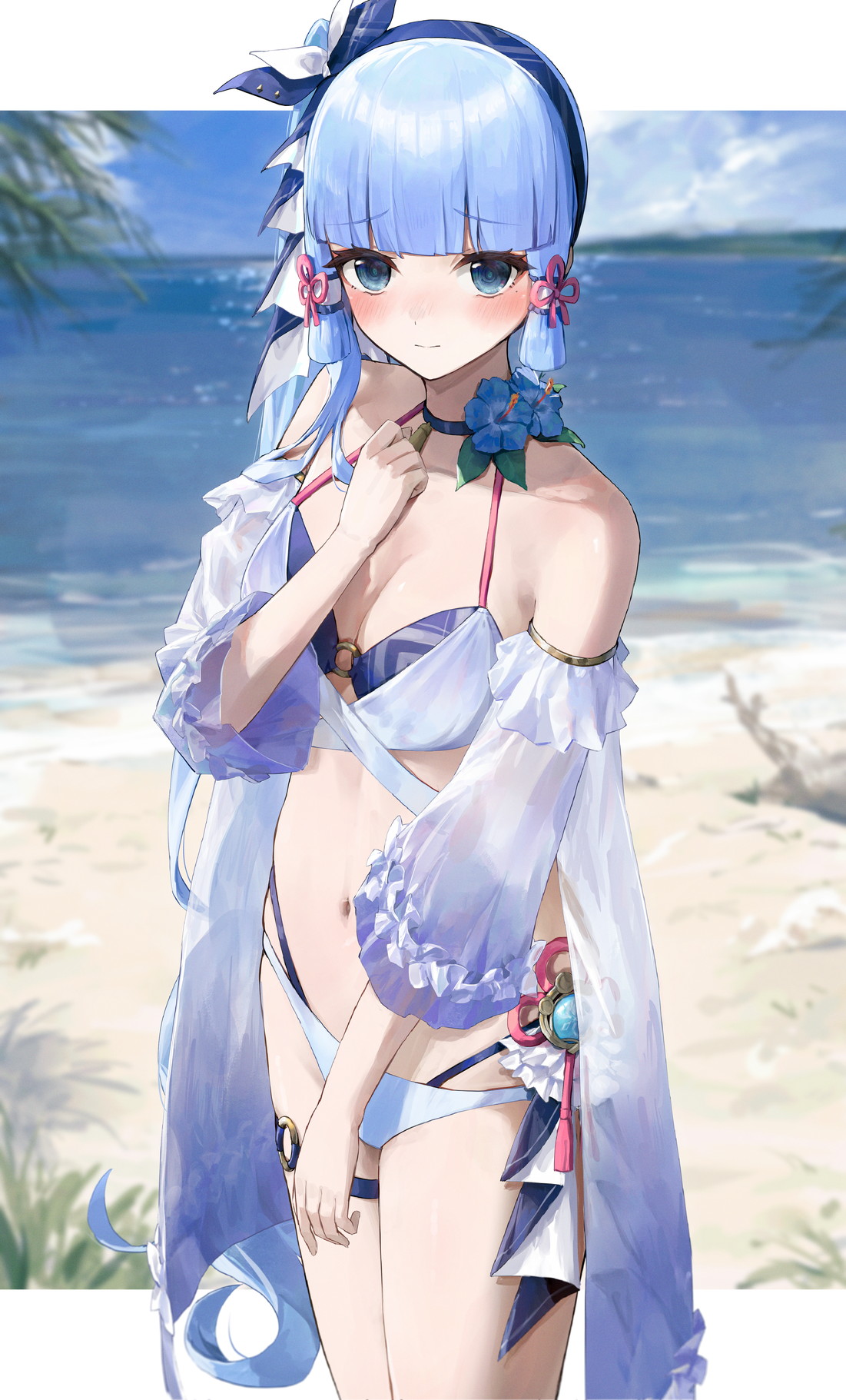 artist request, beach, belly, belly button, big breasts, blue eyes, blue hair, blush, blushing, breasts, choker, collar, ebiri, exposed shoulders, female, female only, flower, flowers, genshin impact, hair band, hairband, kamisato ayaka, light blue hair, looking at viewer, shoulders, silver hair, swimsuit, swimwear, tagme, tagme (artist), thigh strap, thighs, tummy, white hair