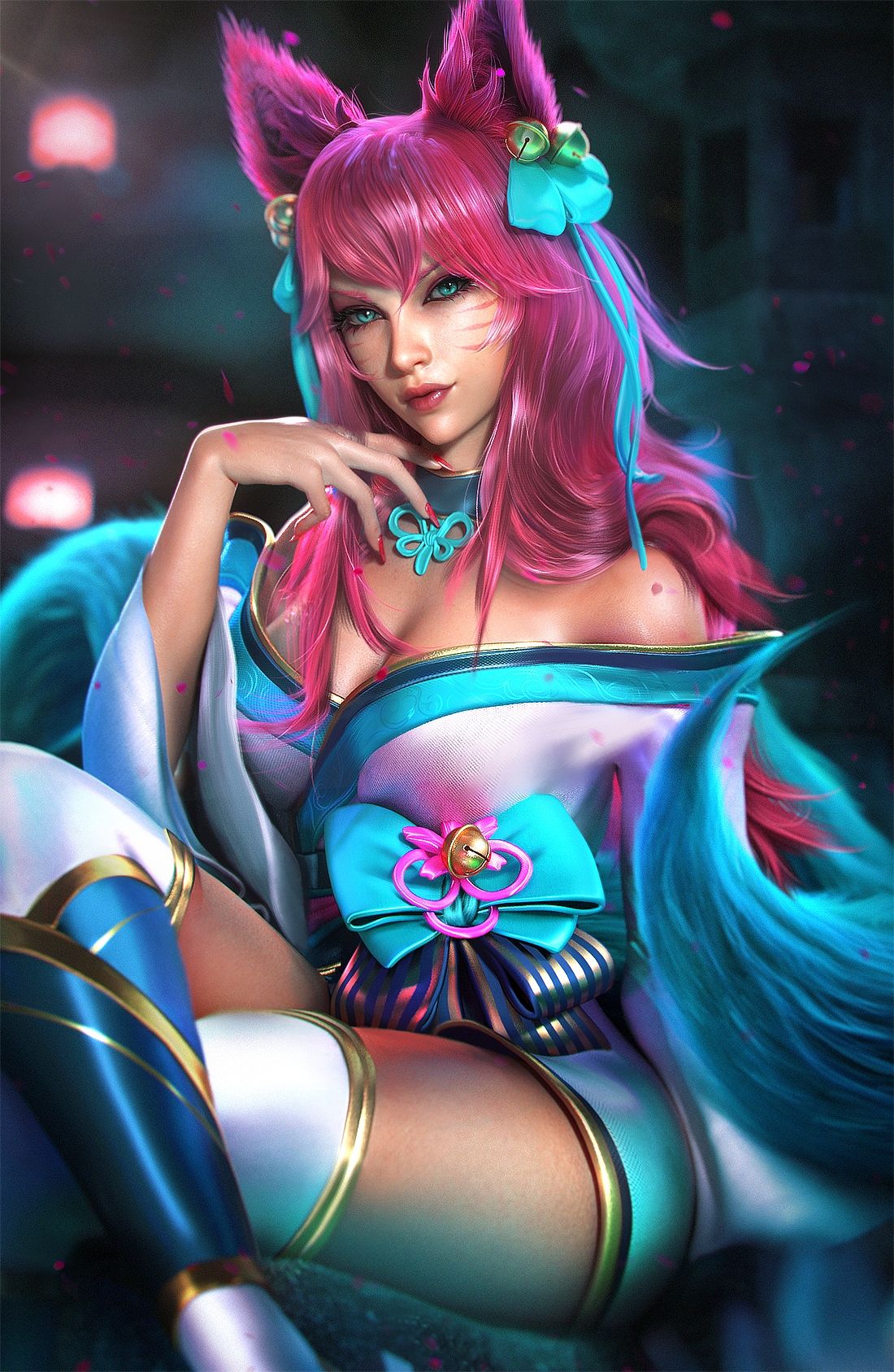 1girls, ahri, alternate costume, alternate hair color, alternate hairstyle, animal ear fluff, animal ears, animal girl, bangs, bell, blue eyes, breasts, busty, choker, cleavage, clothing, eyelashes, eyeliner, eyeshadow, facial markings, female, fluffy, fluffy ears, fluffy tail, fluffy tails, fox, fox ears, fox girl, fox tail, furry tail, hair ornament, hair ribbon, hourglass figure, humanoid, inner ear fluff, japanese clothes, kemonomimi, kimono, kitsune, league of legends, light skin, light-skinned female, long hair, multi tail, nine tailed fox, pale skin, pale-skinned female, pink hair, pinup, riot games, robe, sevenbees, solo, spirit blossom ahri, spirit blossom series, tail, tails, thighs, vastaya, video games