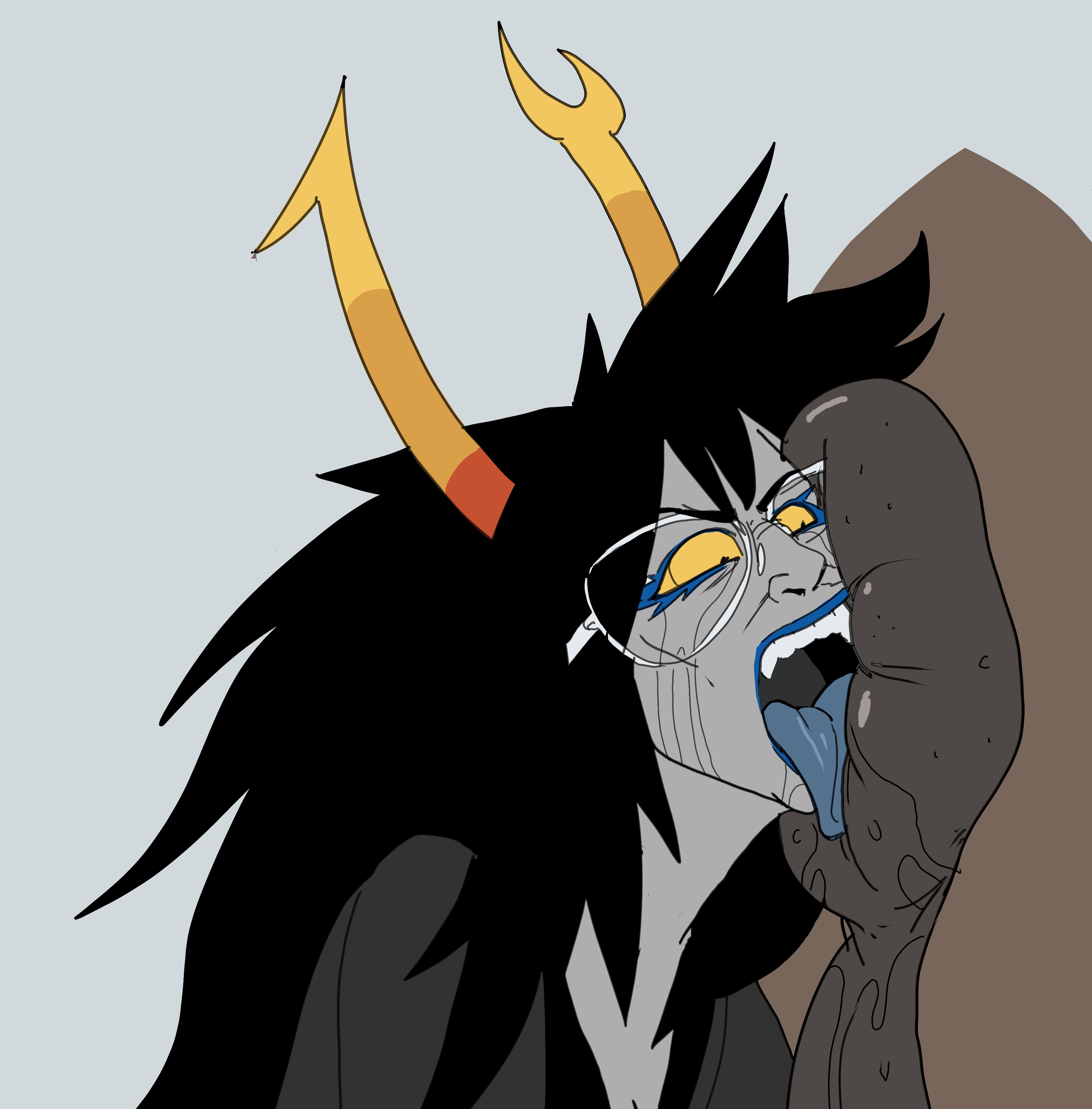1boy, 1girls, 2022, beast rimming, black hair, blue lips, brown fur, clothing, crying, crying with eyes open, female, glasses, grey background, grey skin, homestuck, horns, horse, horse anus, long hair, male, ms paint adventures, open mouth, putricia, rimjob, rimming, rimming horse, saliva, straight, tears, tongue, tongue out, troll, vriska serket, yellow eyes, zoophilia