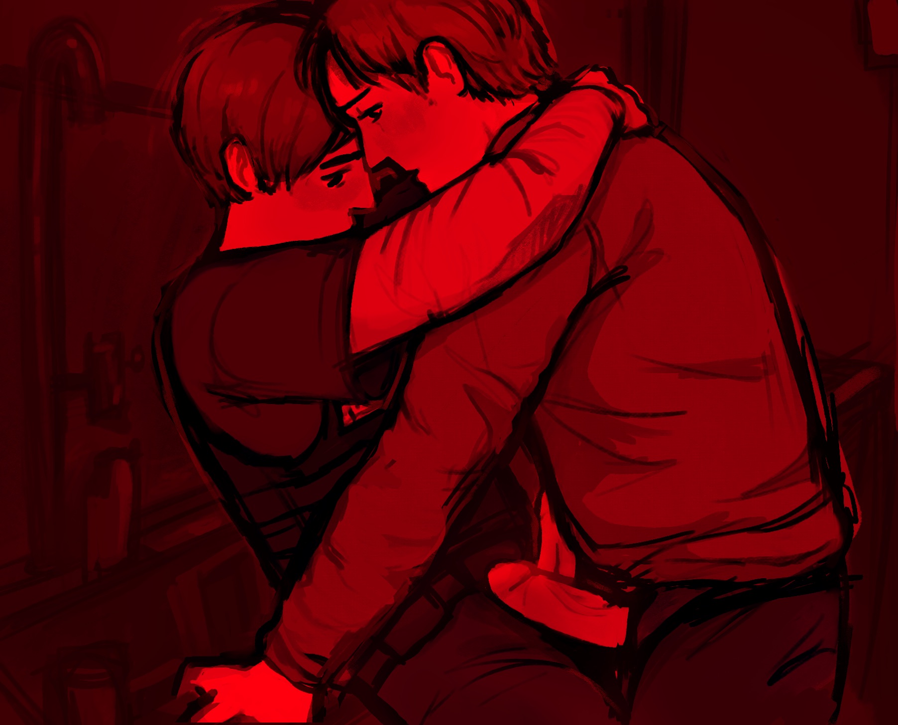 2boys, blush, crossover, embrace, erection, frottage, gay, hug, james sunderland, leon scott kennedy, male, male only, penis, penis out, red theme, resident evil, restricted palette, silent hill, silent hill 2, uncensored, xyzzart, yaoi