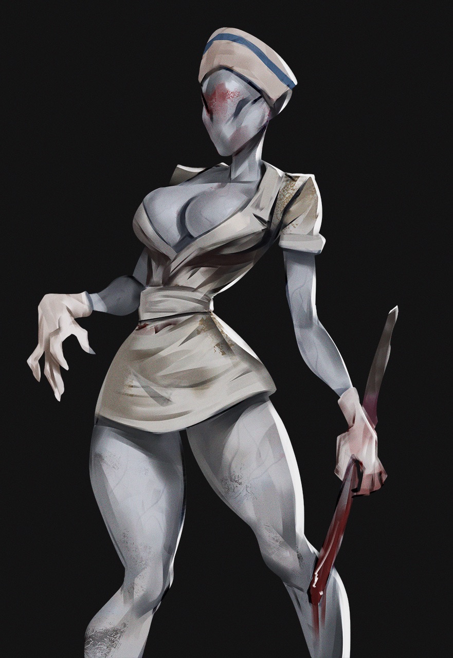 1girls 2d big_breasts black_background blood blood_stain bubble_head_nurse cleavage female female_only gloves grey_body grey_skin humanoid johnfoxart minidress monster monster_girl no_bra nurse nurse_(silent_hill) nurse_cap nurse_uniform open_clothes painting_(artwork) short_dress silent_hill silent_hill_2 solo solo_female stained_clothes thick_thighs thin_waist veins weapon wide_hips