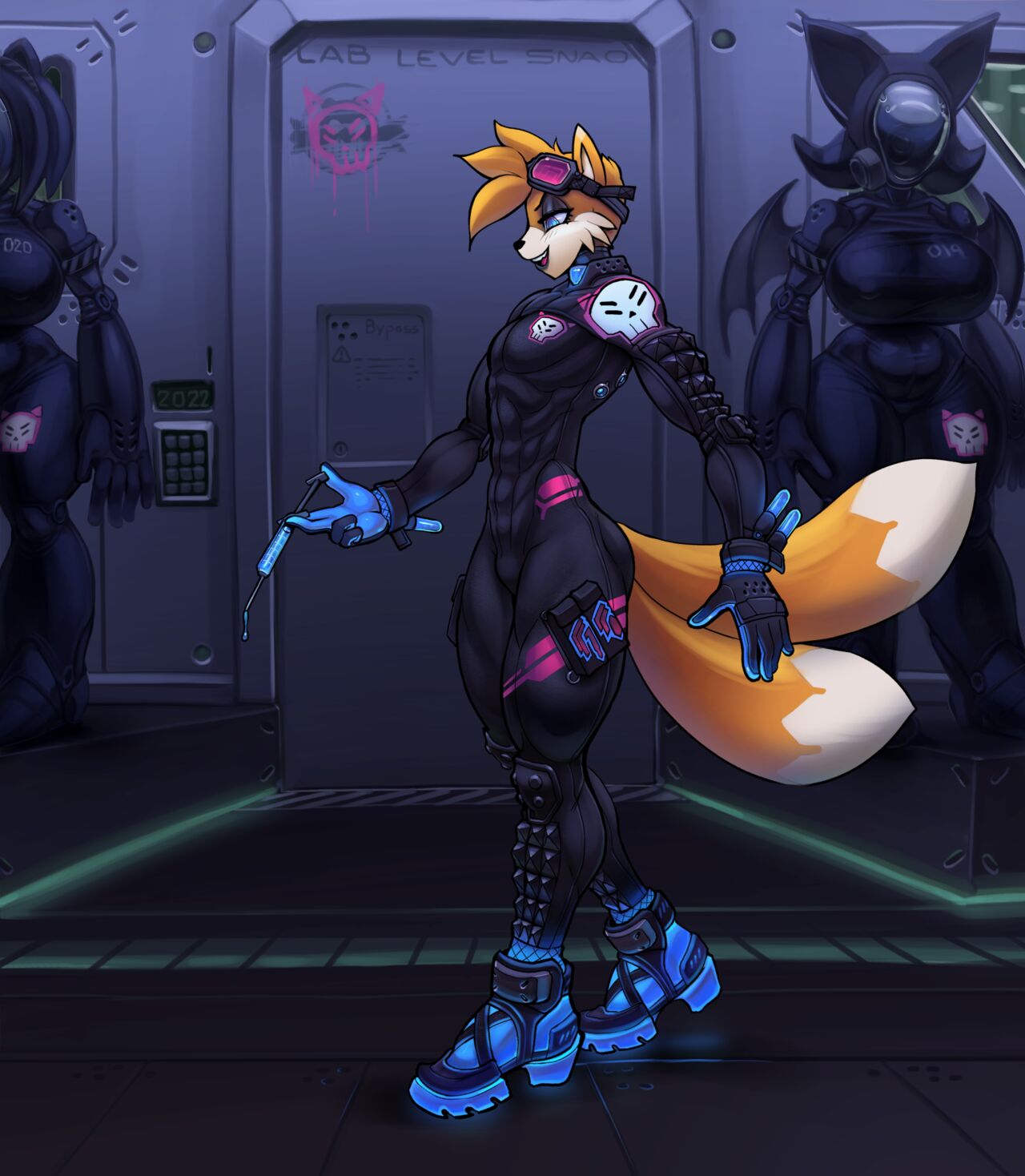 2 tails, abs, bodysuit, expansion, female, genital expansion, genital growth, genital growth (enlargement), glowing, male, male focus, miles prower, multi tail, muscular, needle, penis, penis expansion, penis growth, penis growth (enlargement), rouge the bat, skull, snao, sonic (series), tagme, tails, tails the fox, tight clothing