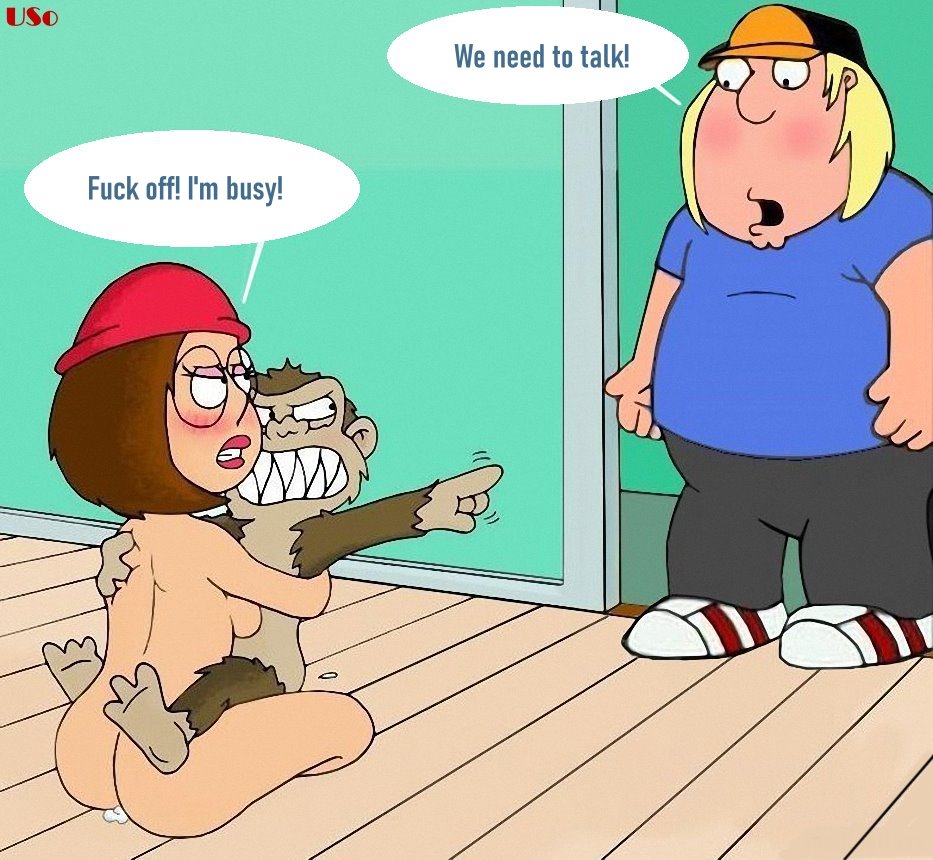 baseball_cap blonde_hair blush brown_hair chris_griffin english_text evil_monkey family_guy glasses hat interspecies meg_griffin monkey sharp_teeth tagme wooden_floor zoophilia