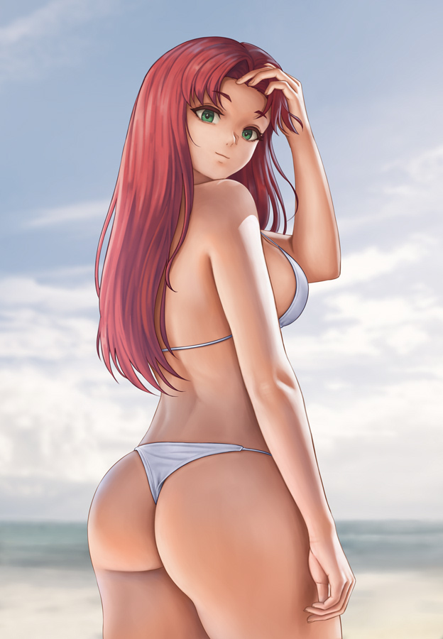 ass, beach, bikini, breasts, bubble ass, bubble butt, dc, dc comics, female, female only, flowerxl, green eyes, koriand'r, large breasts, long hair, red hair, starfire, swimsuit, tamaranean, teen titans, voluptuous, white bikini, white swimsuit