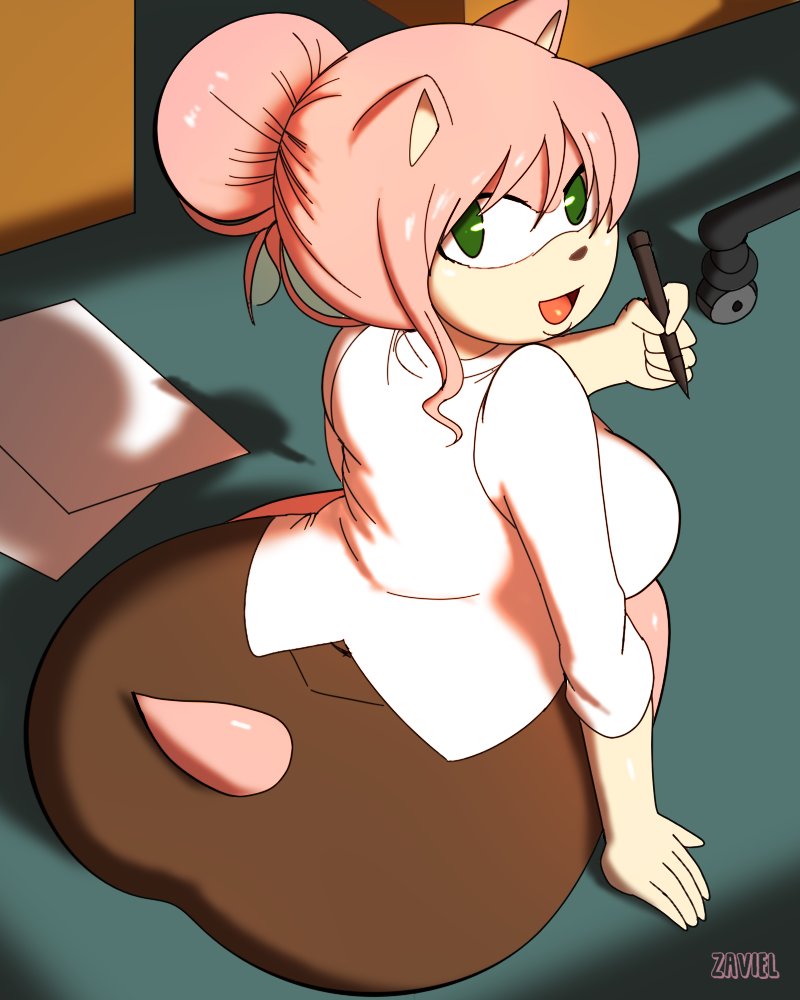 1girls, amy rose, anthro, ass, ass in dress, big ass, box, bubble ass, bubble butt, chair, clothing, female, female only, green eyes, hedgehog, huge ass, indoors, looking at viewer, looking back, office, office lady, paper, pen, pink hair, pink skin, sega, sitting, sitting on floor, skirt, smile, solo, sonic (series), sonic the hedgehog (series), zaviel