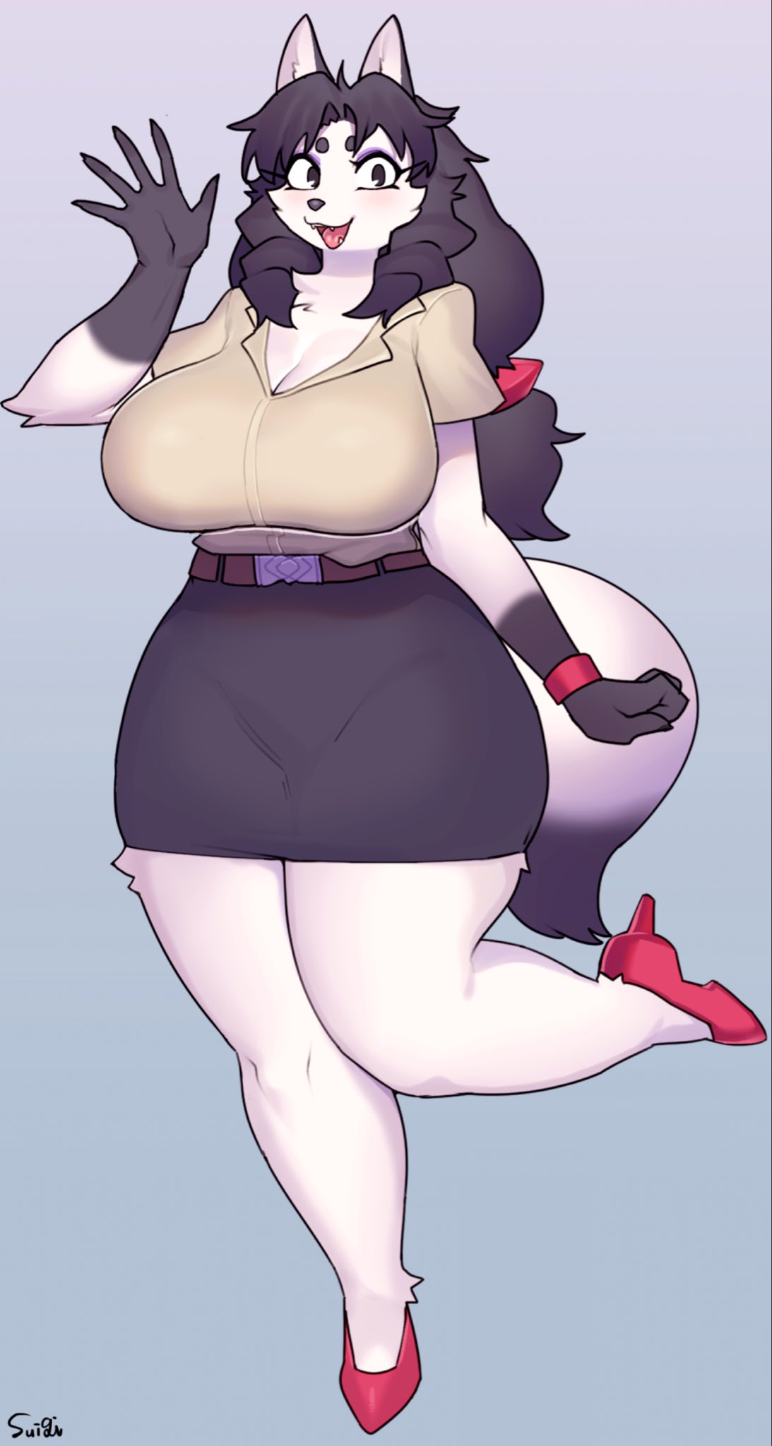 2022, anthro, big breasts, breasts, character request, cleavage, clothed, clothing, female, female focus, female only, fur, furry, furry only, heels, huge breasts, open mouth, original, original character, skirt, solo, solo female, sususuigi, tail, thick thighs, thighs
