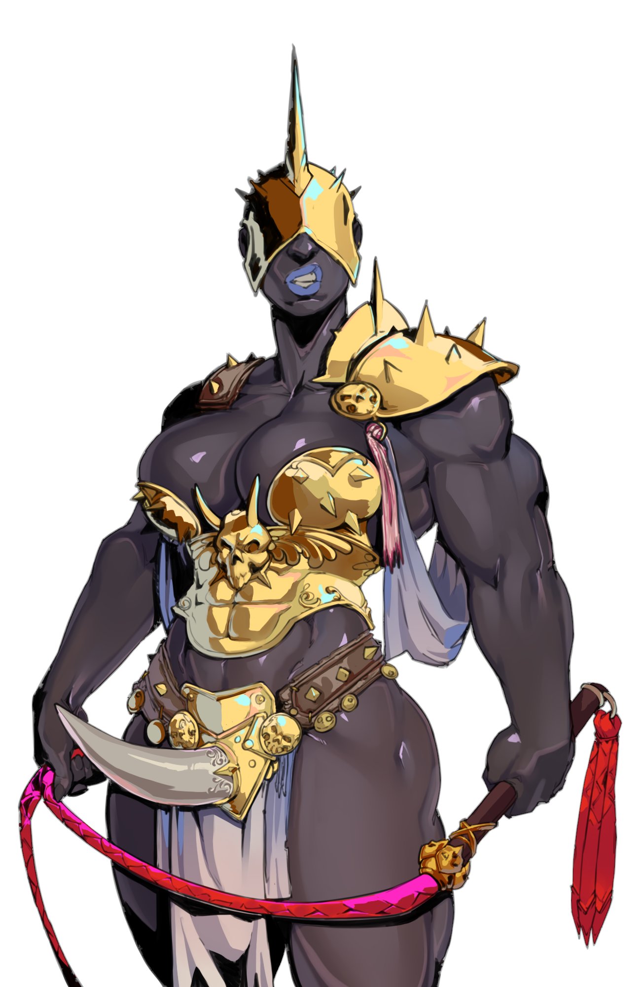 armor, big thighs, breasts, color, colored, female, gold armor, hades (game), helmet, helmet over eyes, loincloth, muscular, muscular female, oc, original, original character, solo, solo female, solo focus, strap-on, strapon, thighs, wahafagart, whip, zion alexiel