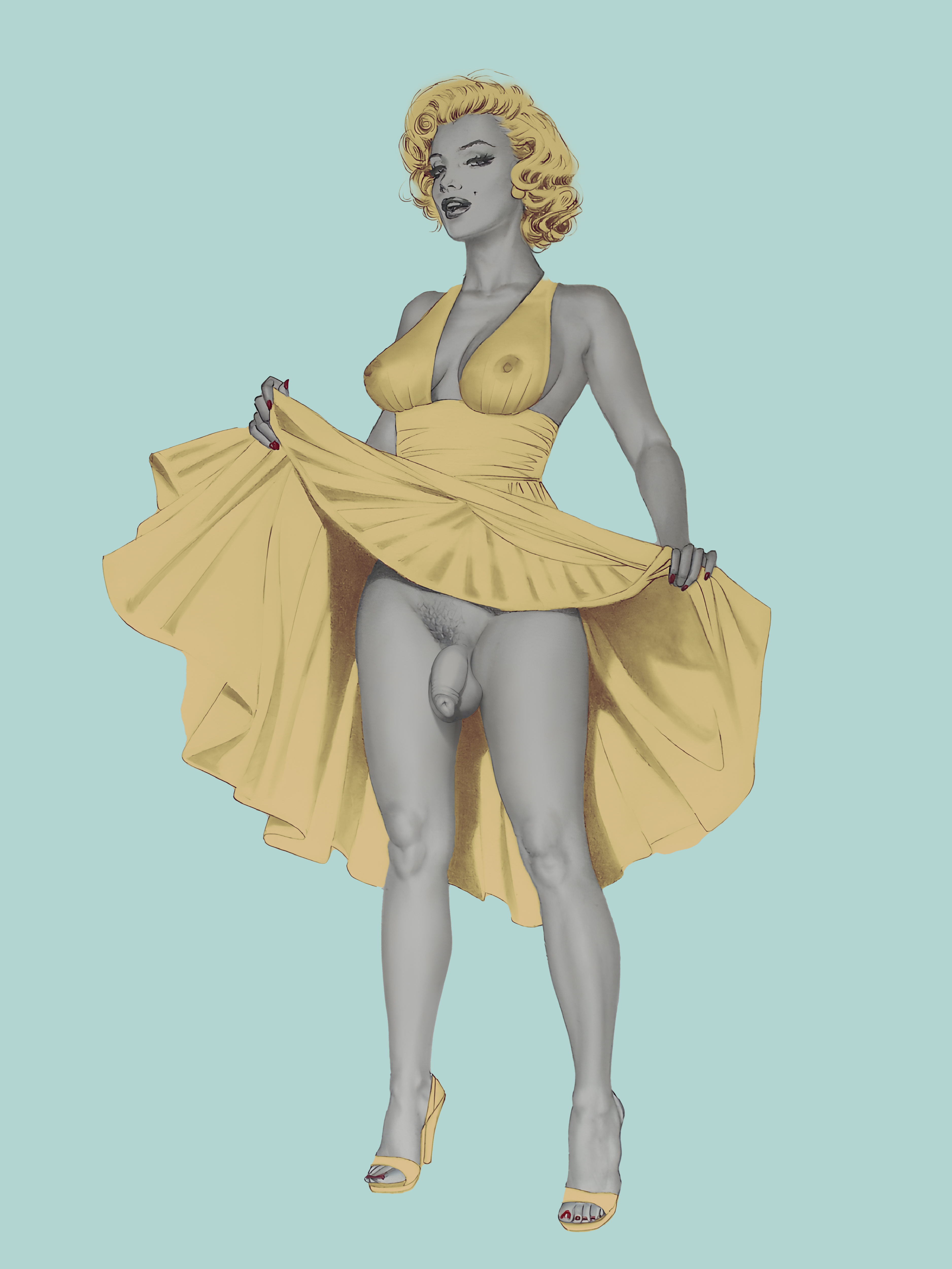 1950s, 1futa, 50s, balls, bottomless, bottomless futa, breasts, clothed, clothing, edit, flaccid, flaccid penis, foreskin, futa only, futanari, giovanna casotto, grey skin, human, hyperfapper (editor), intersex, marilyn monroe, mostly clothed, nipples, no panties, no underwear, penis, pinup, presenting, presenting balls, presenting hindquarters, presenting penis, restricted palette, retro artstyle, see-through, see-through clothing, skirt lift, skirt up, solo, standing, the seven year itch, third-party edit, uncircumcised, uncut, unretracted foreskin, wasp waist