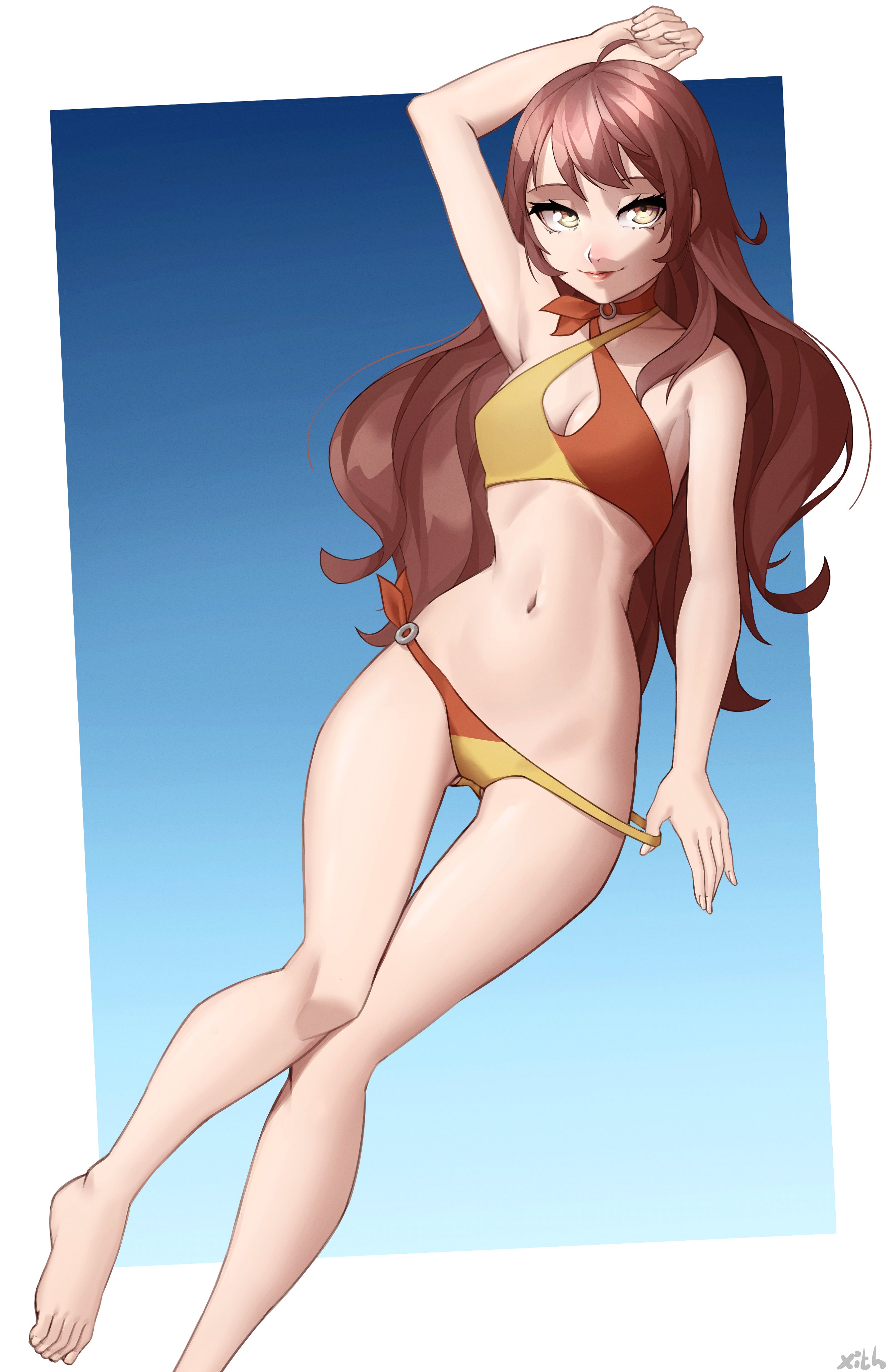 alternate costume, atlus, female, female only, kujikawa rise, lipstick, persona, persona 4, solo, swimsuit, x xith x