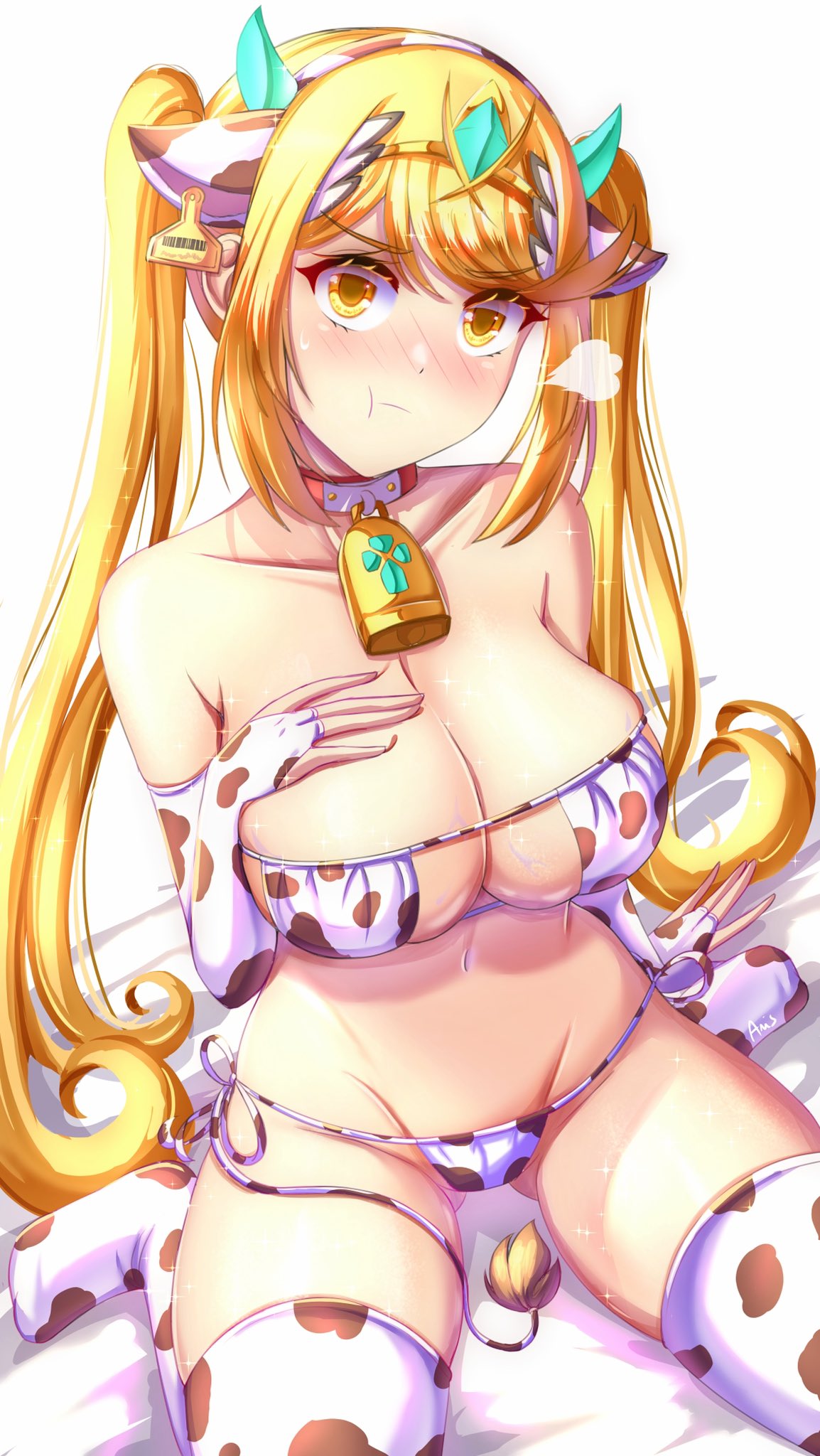 alternate costume, anisdrawn, artist signature, big breasts, bikini, blonde hair, blush, breasts, cow bell, cow bikini, cow print, cow tail, eyepatch bikini, female, female only, looking at viewer, mythra, nintendo, pout, solo, tagme, xenoblade (series), xenoblade chronicles 2