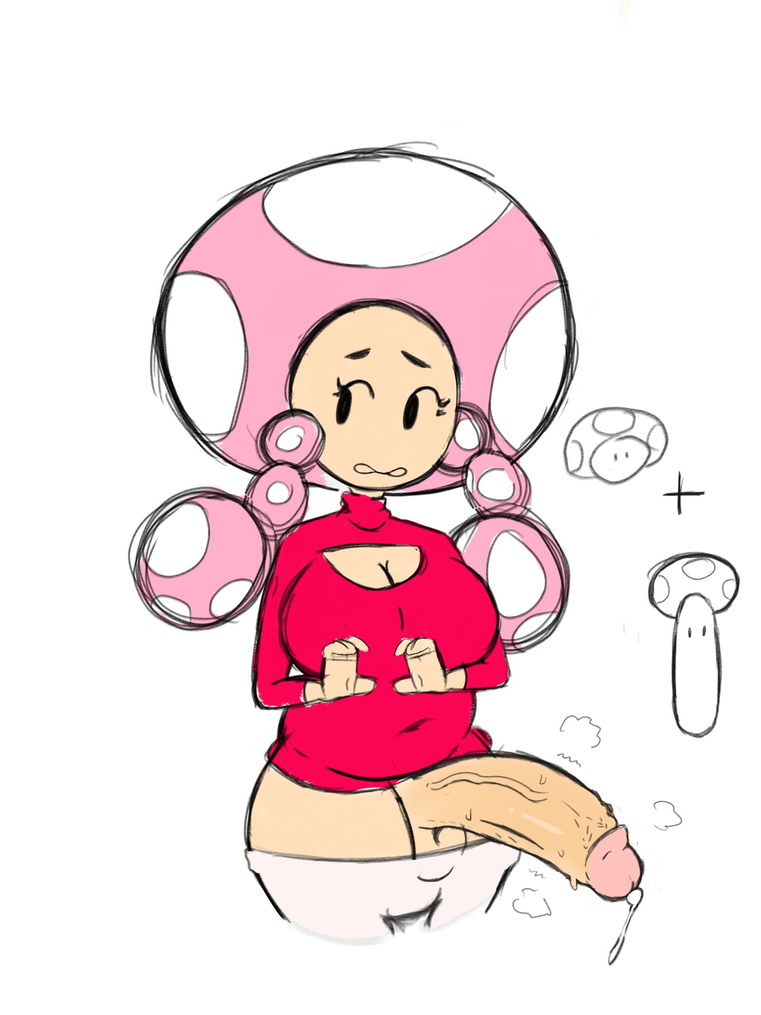 1futa, alternate version at source, alternate version available, balls, big breasts, black eyes, boob window, breasts, chubby, cleavage, cleavage cutout, clothed, clothing, erection, fungi fauna, futa only, futanari, hi res, huge cock, humanoid, humanoid penis, intersex, light skin, light-skinned futa, mario (series), mob face, mostly clothed, mushroom cap, mushroom hat, mushroom humanoid, nintendo, no sclera, pants, pants down, penis, pinched mouth, precum, simple background, simple eyes, solo, standing, sweater, takaidraws, toadette, twintails, veiny penis, white background, wide hips