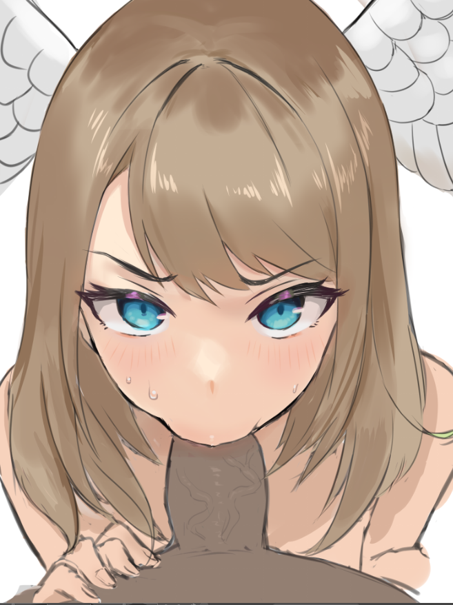 1boy, 1girls, blonde hair, blue eyes, cute, dark skin, dark-skinned male, dh-zone, eunie (xenoblade), eye contact, fellatio, female, head wings, light skin, light-skinned female, looking at viewer, male, male pov, nintendo, oral, pov, straight, sweat, teenager, wings, xenoblade (series), xenoblade chronicles 3