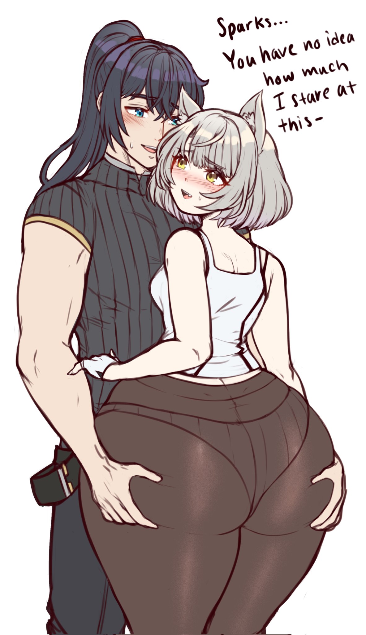 1boy, 1girls, 2022, animal ears, ass, ass grab, black hair, blue eyes, blush, bottom heavy, canon couple, cat ears, dialogue, female, grabbing ass, grey hair, huge ass, jojoniumart, looking at another, looking at partner, male, mio (xenoblade), nintendo, noah (xenoblade), pantyhose, short hair, text, underwear, xenoblade (series), xenoblade chronicles 3, yellow eyes