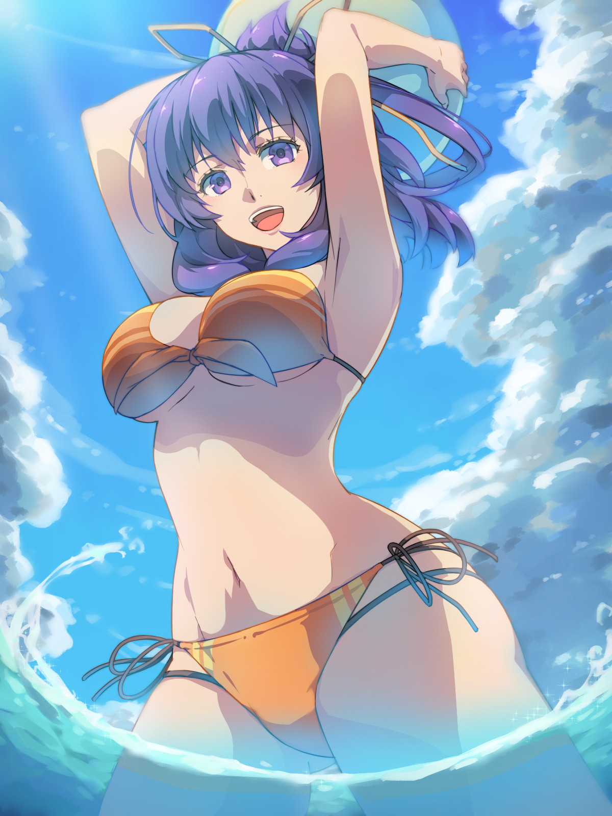 1girls, ao no kiseki, armpit, armpits, arms above head, arms behind head, arms up, bangs, bare arms, bare legs, bare midriff, bare shoulders, bare thighs, beach ball, belly, belly button, bikini, bikini bottom, bikini top, blue sky, bow, breasts, chiharu (9654784), cloud, clouds, day, daytime, eiyuu densetsu, female, female focus, female only, hair between eyes, hair ornament, hair ribbon, happy, happy female, large breasts, looking at viewer, midriff, navel, open mouth, orange bikini, orange bikini bottom, orange bikini top, outdoors, outside, ponytail, purple eyes, purple hair, ribbon, rixia mao, sen no kiseki, side-tie bikini, side-tie panties, sky, smile, smiling, smiling at viewer, solo, solo female, solo focus, standing, stomach, swimsuit, swimwear, teeth, teeth showing, teeth visible, thighs, tongue, trails of cold steel, upper teeth, water, zero no kiseki