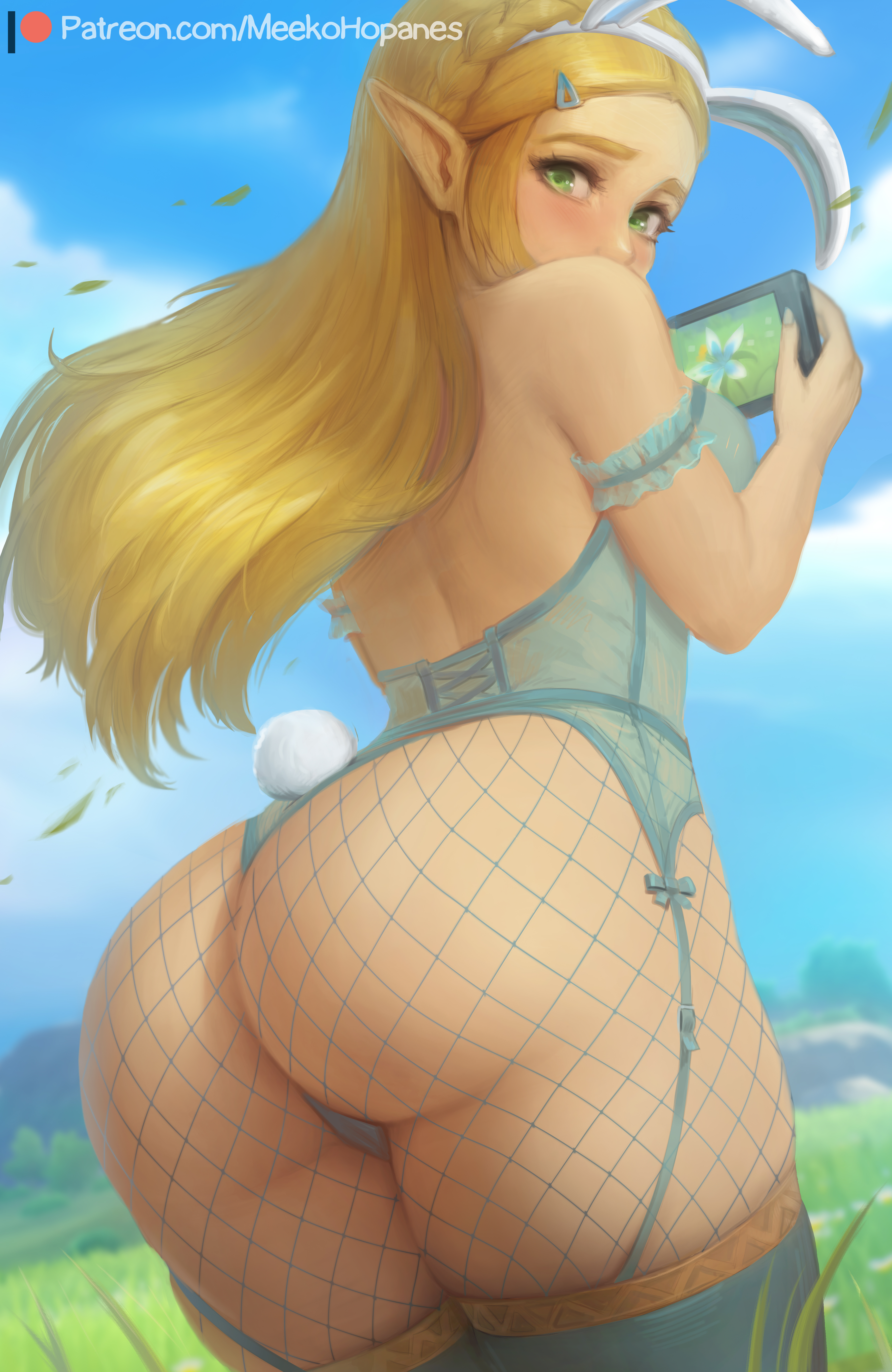 1girls, 2020s, 2022, absurd res, ass, ass focus, ass shot, back, back view, big ass, blonde hair, blush, breath of the wild, bubble ass, bubble butt, bunny ears, bunny girl, bunny tail, cameltoe, female, female only, green eyes, hips, huge ass, hylian, long ears, long hair, looking at viewer, looking back, meekohopanes, nintendo, outdoors, panties, pointy ears, princess, princess zelda, pussy, royalty, slim waist, the legend of zelda, thick thighs, thighhighs, thighs, wide hips, zelda (breath of the wild)