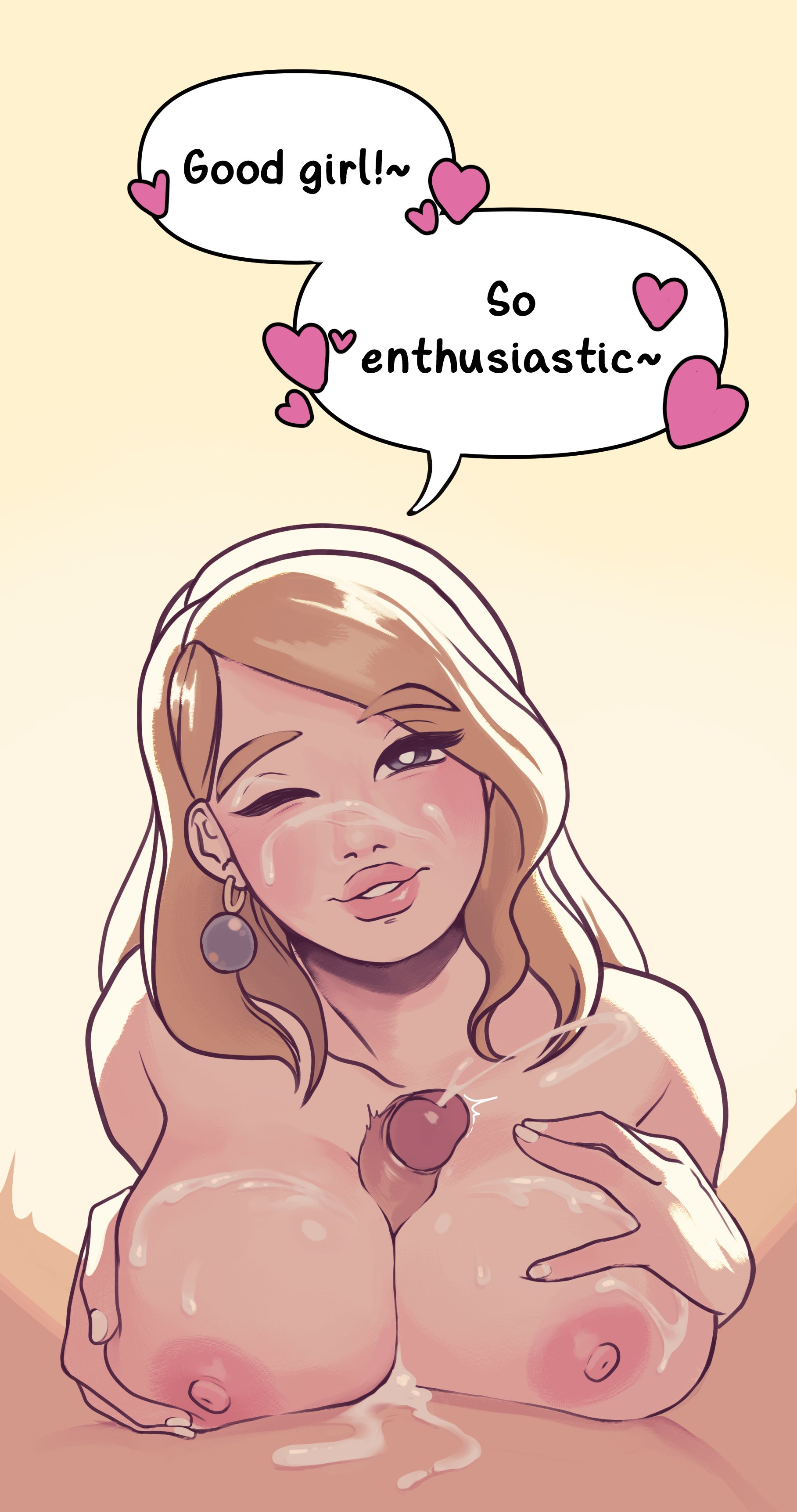 1girls, alternate hairstyle, big breasts, blonde female, blonde hair, blush, breasts, cum, cum on body, cum on breasts, cum on face, dialogue, earrings, edit, english text, female, female focus, fire emblem, fire emblem warriors: three hopes, fire emblem: three houses, futanari, heart, huge breasts, intersex, long hair, looking at viewer, mercedes von martritz, nintendo, nipples, official alternate hairstyle, one eye closed, paizuri, philiatrix, pov, solo focus, speech bubble, text, thick lips, titjob