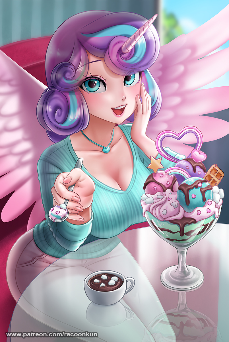 aged_up alternate_species anthro anthrofied beverage blue_eyes blush bottomwear breasts cleavage flurry_heart_(mlp) my_little_pony open patreon racoonkun smile topwear wings