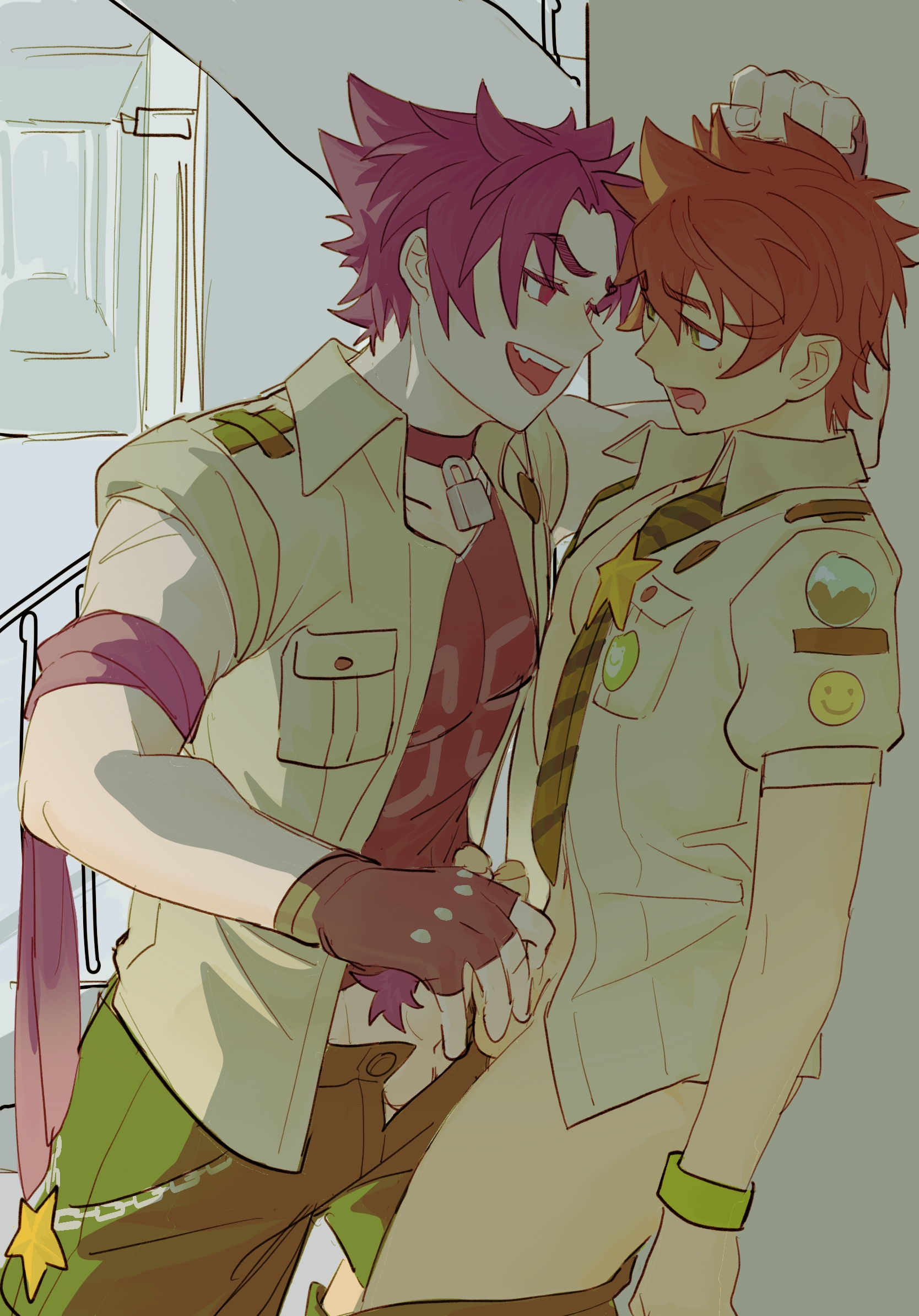 2boys, camp buddy, clothed sex, keitaro nagame, looking at another, male, male only, muscular, muscular male, penis, rubbing penis, secretly loves it, uniform, yaoi, yoichi yukimura