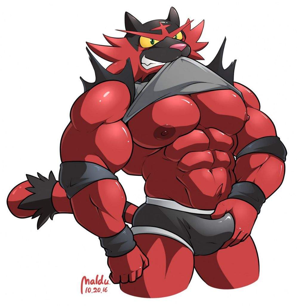 anthro bara bulge_grab domestic_cat feline generation_7_pokemon incineroar maldu male_only male_sexy muscular muscular_male pecs pokemon