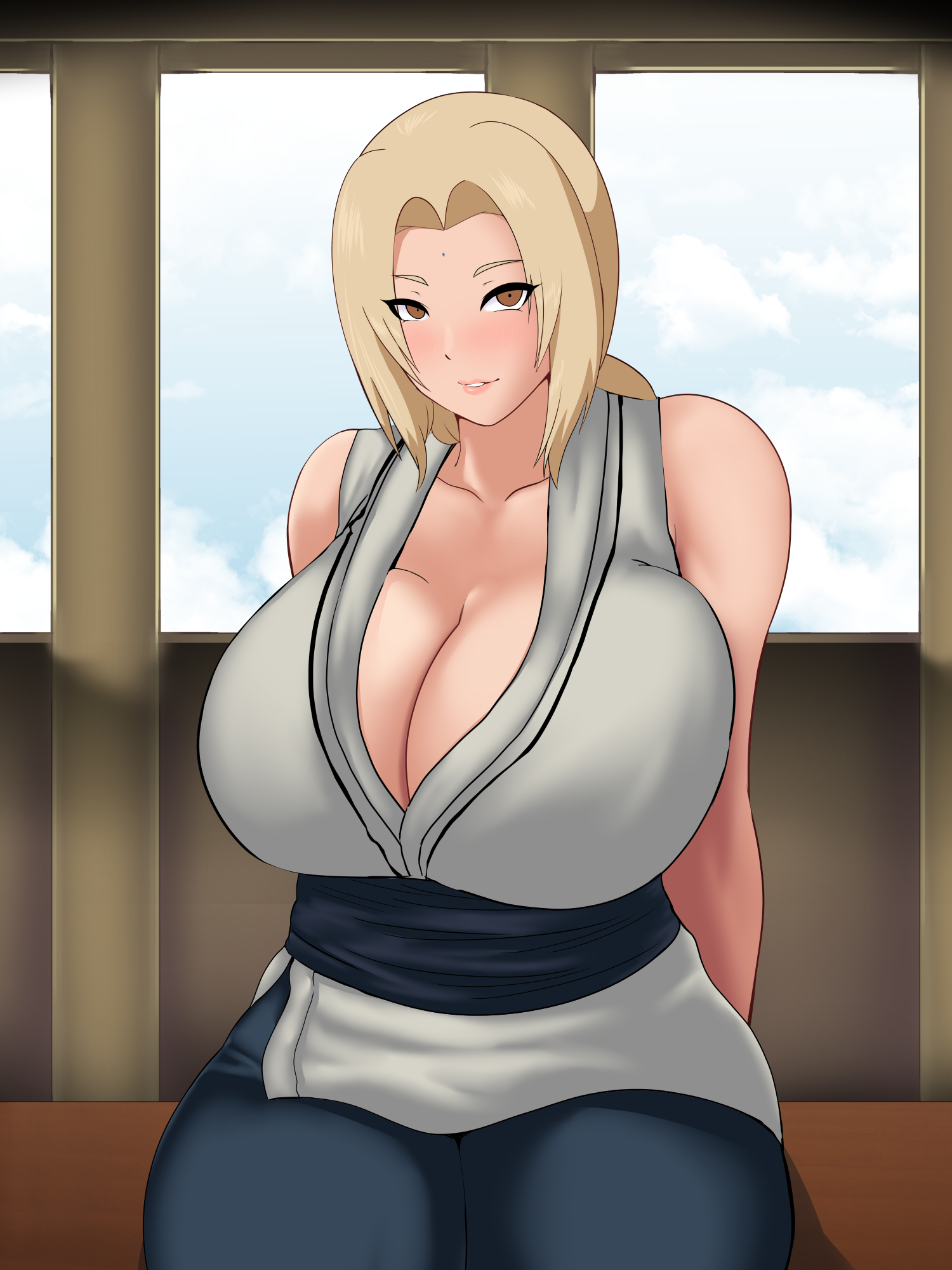 1girls, 2022, bare arms, bare chest, bare shoulders, big breasts, blonde hair, blush, breasts, breasts bigger than head, brown eyes, bust, busty, cleavage, clothed, clothes, clothing, desk, donaora889, erect nipples under clothes, facial mark, female, female only, forehead jewel, forehead mark, full body, fully clothed, hips, hokage, hokage office, huge breasts, human, human only, humanoid, indoors, kimono, kunoichi, large breasts, legs together, light skin, light-skinned female, looking at viewer, mature, mature female, naruto, naruto (classic), naruto (series), naruto shippuden, ninja, no bra, on desk, on table, oppai, seductive, seductive eyes, seductive look, seductive mouth, seductive smile, short kimono, shounen jump, sitting, sleeveless, solo, solo female, solo focus, table, thick thighs, thighs, top heavy, tsunade, twintails, voluptuous, wide hips, window