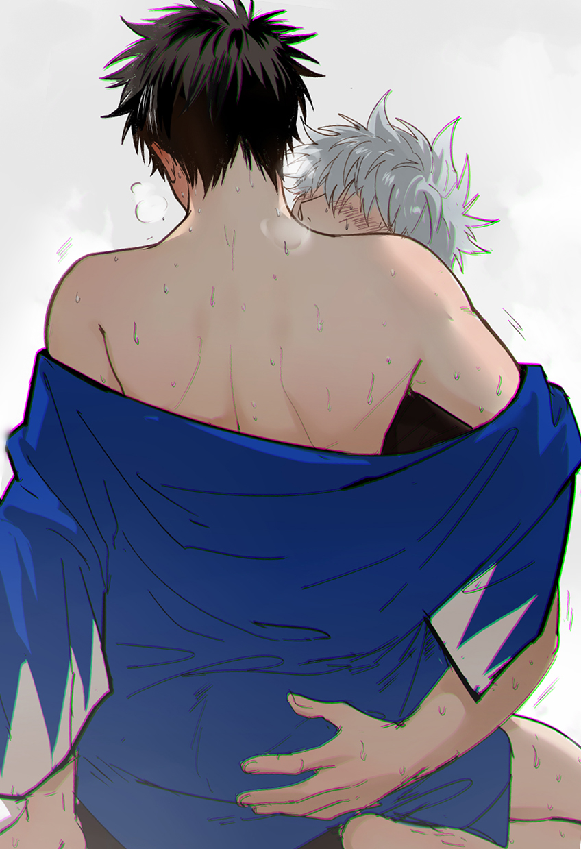 2boys black_hair blush breath feiqiuxuan gay gintama gintoki_sakata hand_on_ass haori hijikata_toshiro implied_anal implied_sex japanese_clothes male male_only messy_hair off_shoulder rear_view silver_hair sitting_on_person spiky_hair sweat yaoi