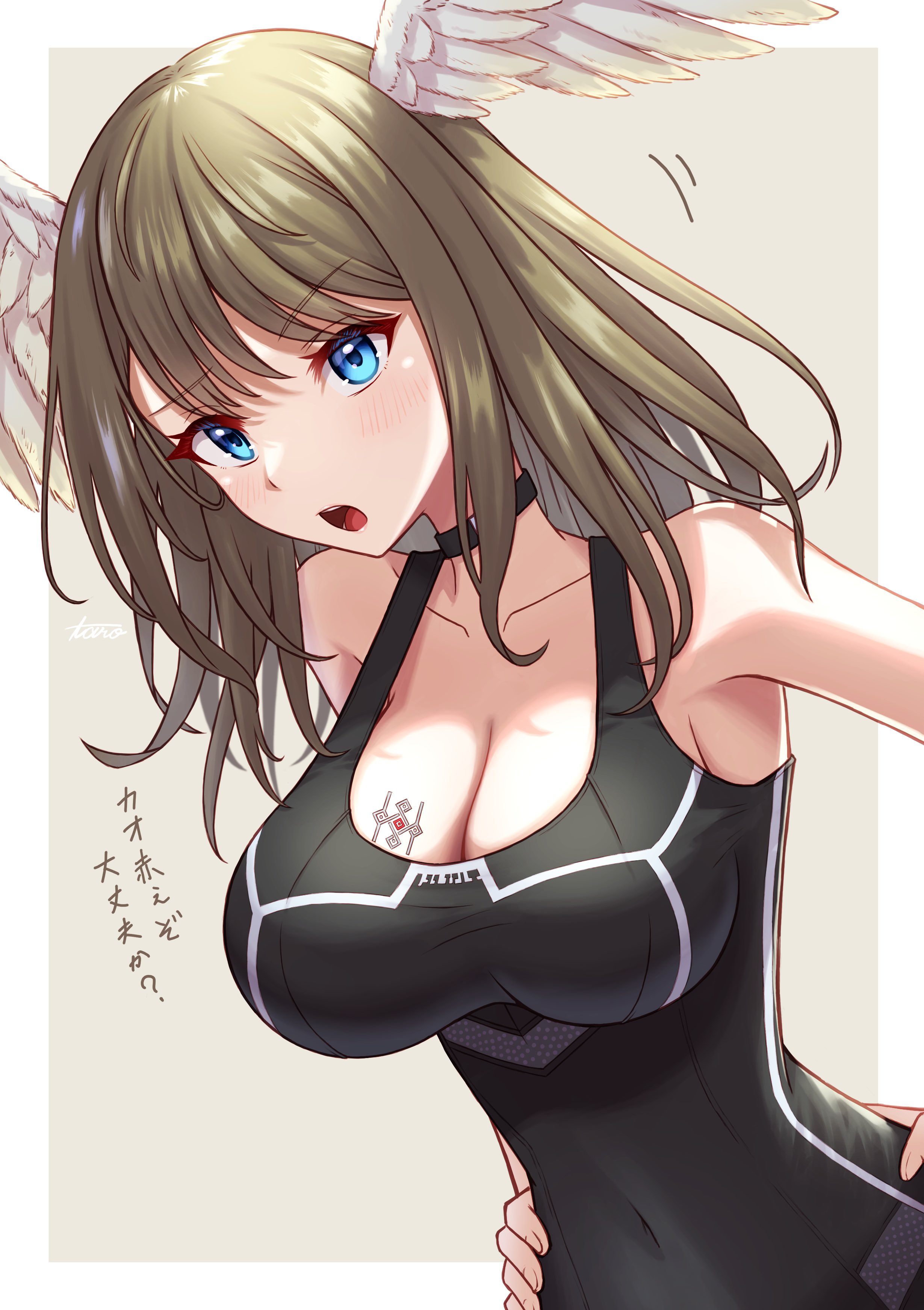 1girls, absurd res, bangs, bare shoulders, belly, belly button, blonde female, blonde hair, blonde-haired female, blue eyes, blush, breasts, choker, cleavage, collarbone, covered navel, eunie (xenoblade), female, female focus, female only, hands on hips, highres, large breasts, looking at viewer, navel, open mouth, shirt, skin tight, solo, solo female, solo focus, taro (peach taro51), topwear, wings, xenoblade (series), xenoblade chronicles 3