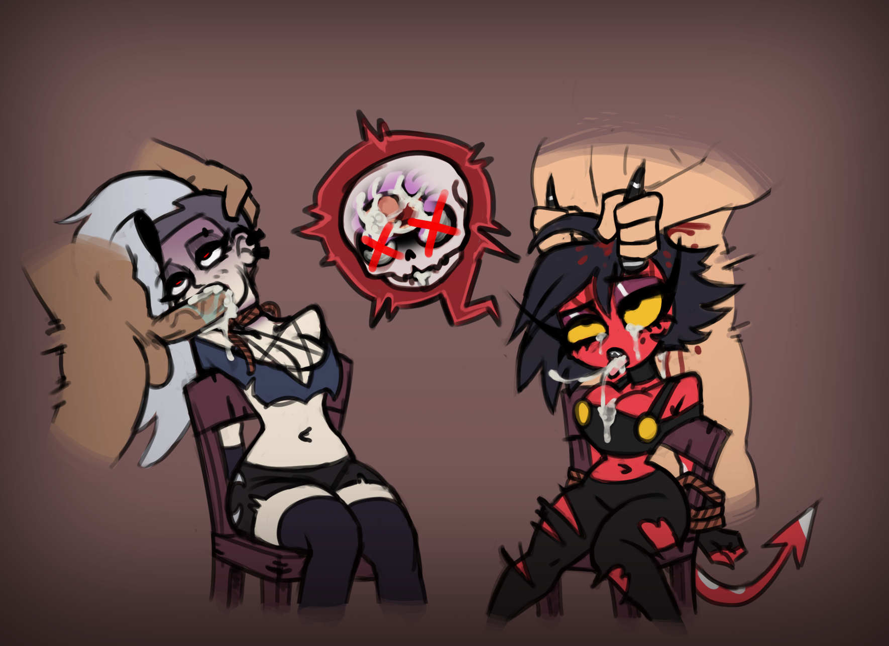 2girls, blood, bound, brain, brain fuck, breasts, clothed, clothing, color, corpse, cum, cum from eyes, cum from mouth, cum in brain, cum in eye, cum in mouth, cum inside, cutaway, death, demon, digital media (artwork), eyes rolling back, female, female death, gore, guro, gurochanop, head fucking, helluva boss, horn, horn grab, human, human loona, human penetrating, loona (helluva boss), millie (helluva boss), multiple deaths, murder, navel, necrophilia, open mouth, oral, oral sex, rape, restrained, skull fucking, snuff, straight, tied, tongue, tongue out, uncensored