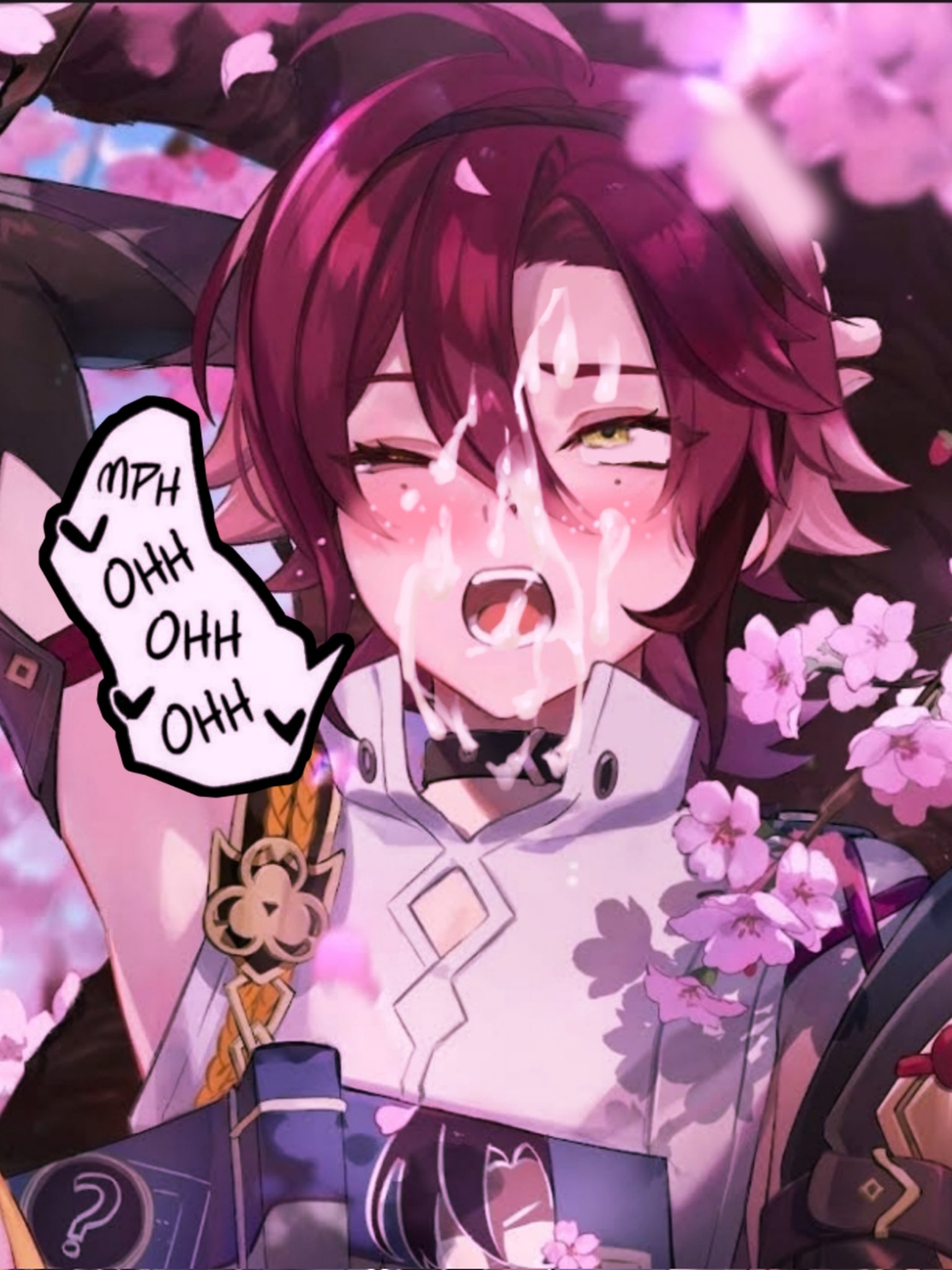 1boy, ahe gao, blush, cum on face, edit, edited, genshin impact, green eyes, implied sex, male, male only, mole, official art, photoshop, red hair, shikanoin heizou, text