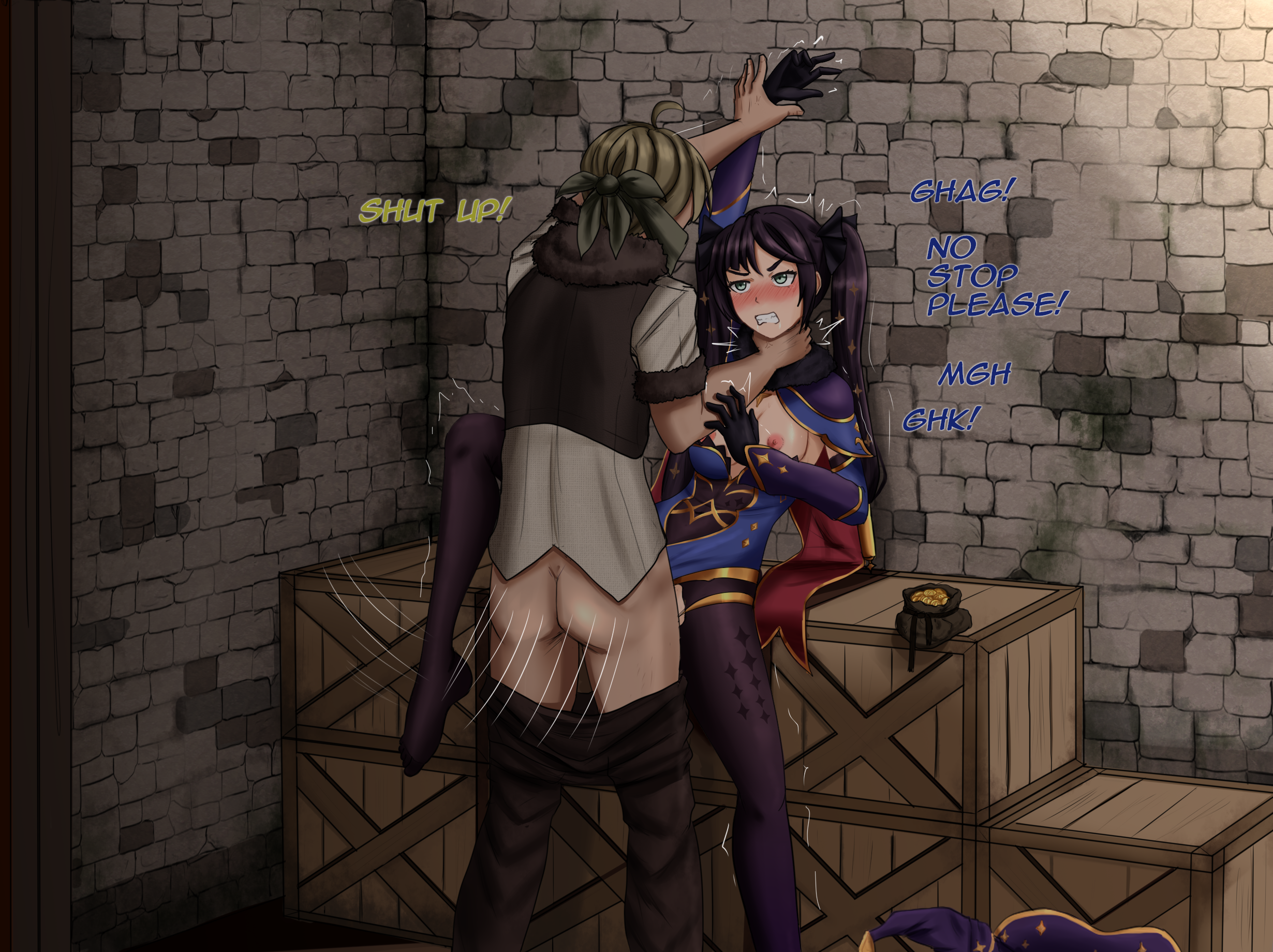 1boy, artist request, asphyxiation, ass, black hair, blush, breasts, breasts out, english text, female, from behind, genshin impact, gloves, green eyes, long hair, male, mona (genshin impact), nipples, no shoes, open mouth, pantyhose, prostitution, ryona, sex, spread legs, text, twintails