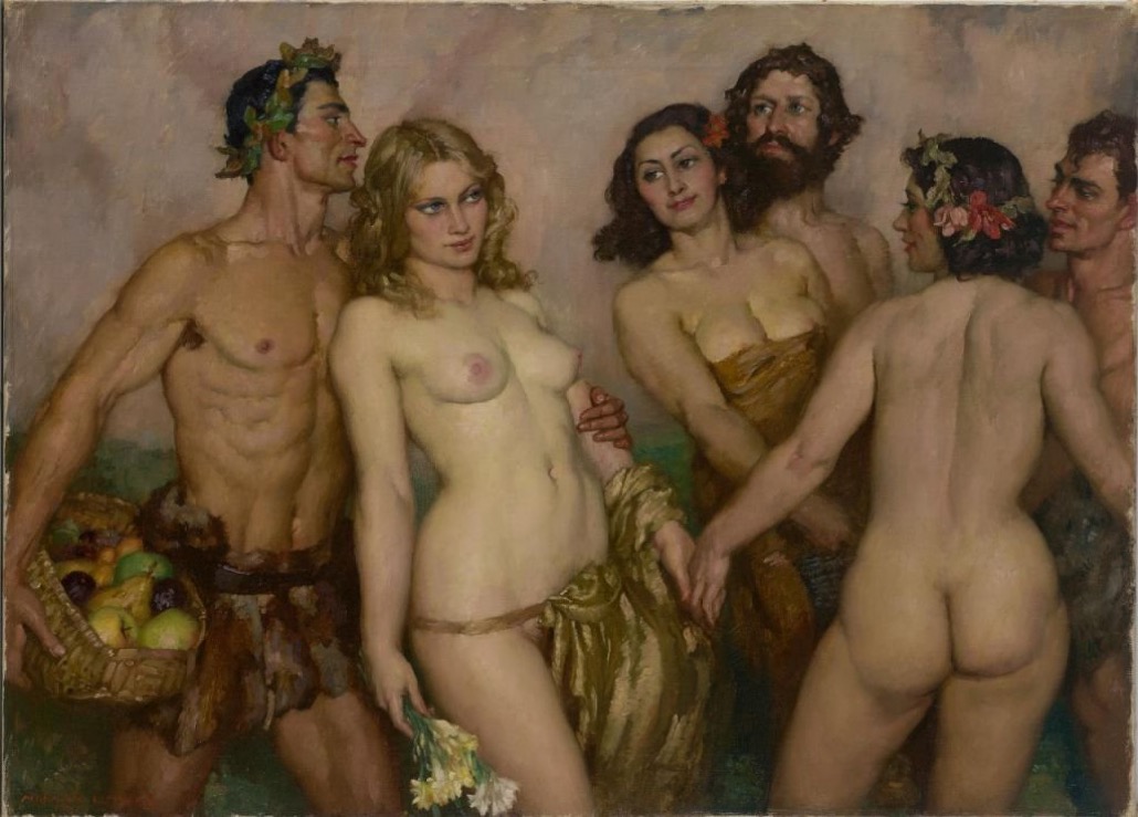 1937 3boys 3girls ancient ancient_history ancient_rome art bacchanalia bacchante bacchus big_ass female historically_inaccurate history human human_only laurel_wreath light-skinned_female light_skin male medium_breasts norman_lindsay pagan painting_(artwork) roman rome straight thick_thighs voluptuous voluptuous_female wreath