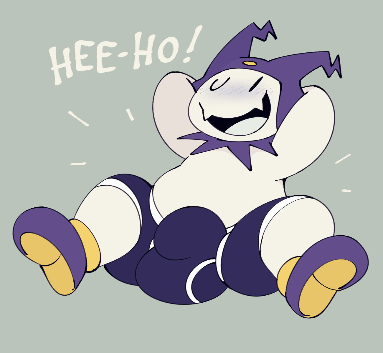 2022, atlus, birdvian, bulge, clothing, demon, exclamation point, footwear, headgear, headwear, hi res, humanoid, imp, jack frost (megami tensei), looking at viewer, male, male focus, male only, megami tensei, non-human, one eye closed, open mouth, open smile, shoes, simple background, smile, smiling at viewer, solo, solo male, text, video games, white body, wink, winking at viewer