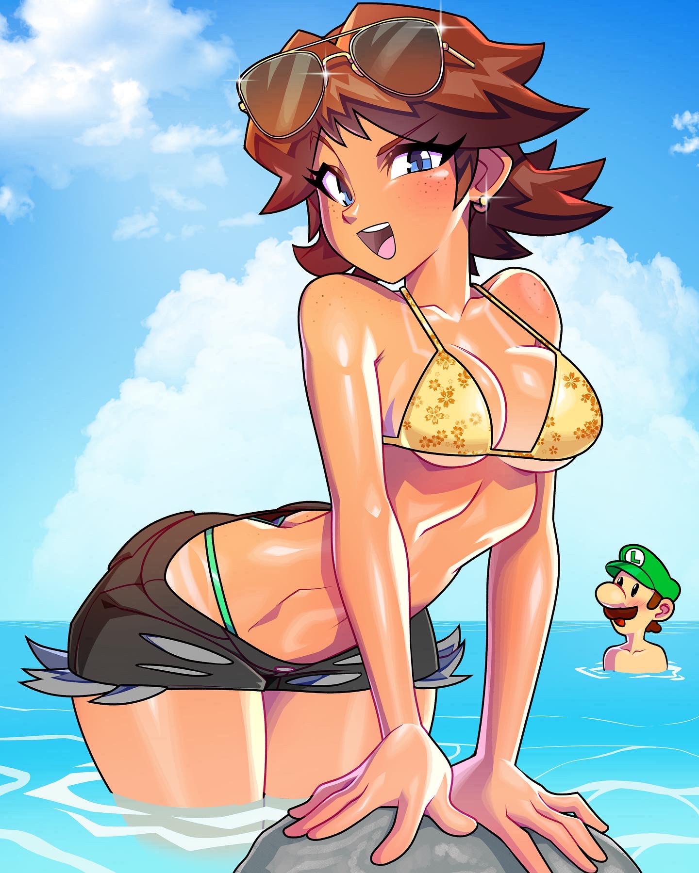 1boy, 1girls, ass, bikini, bikini tan, blue eyes, brown hair, cleavage, female, female focus, freckles, luigi, male, mario (series), minicop2001, nintendo, princess daisy, shorts, sunglasses on head, swimsuit, tan, tanline, tanned, tomboy