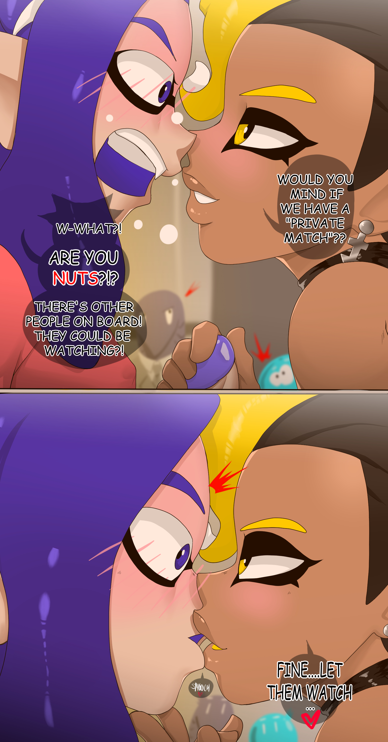 2022, blue eyes, blue hair, blush, blush lines, blushing, brown lips, comic, comic page, dark skin, dark-skinned femboy, dark-skinned male, dark-skinned sissy, dark-skinned twink, femboy, femboy on femboy, feminine male, inkling, inkling boy, kae-est art, kiss, kissing, ko (kae-est art), light skin, light-skinned male, male, male only, nintendo, octoling, octoling boy, original, original character, page 7, sharp teeth, smooch, splatoon, text, text bubble, yaoi, yellow hair